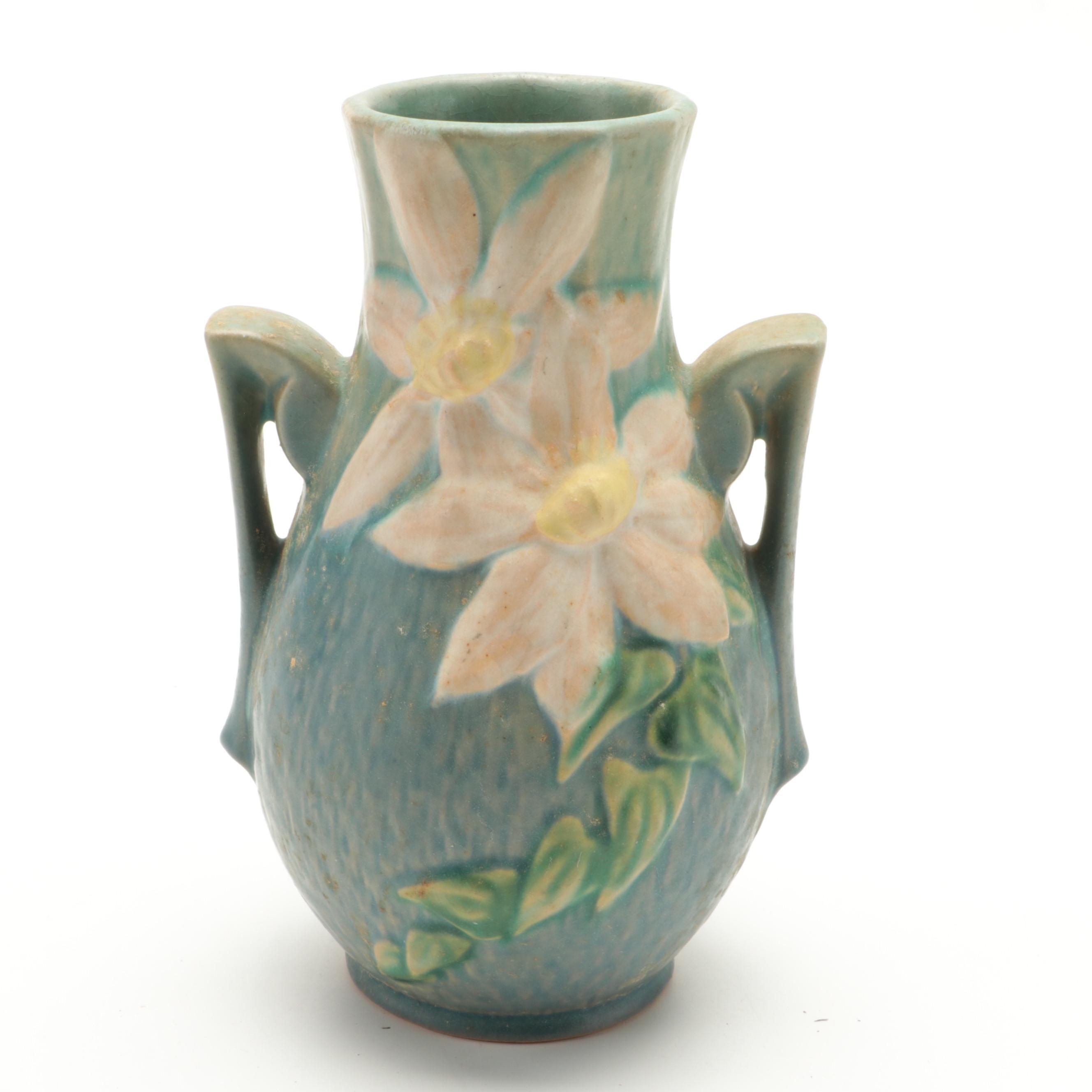 Roseville Pottery Clematis Vase, Hall Pottery Cornucopias and Marble Bookends