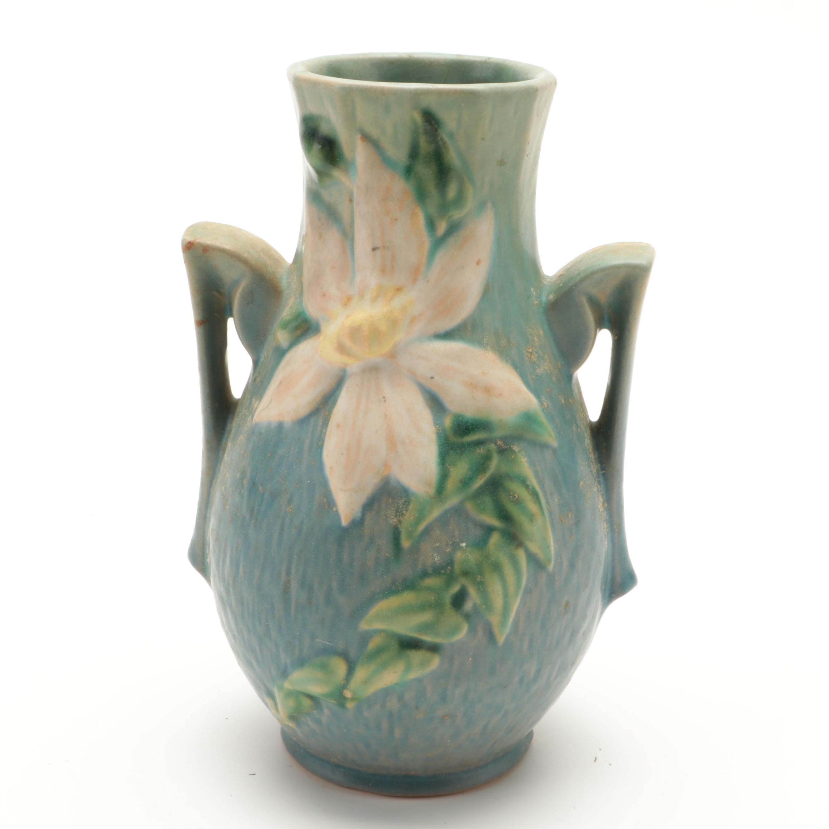 Roseville Pottery Clematis Vase, Hall Pottery Cornucopias and Marble Bookends