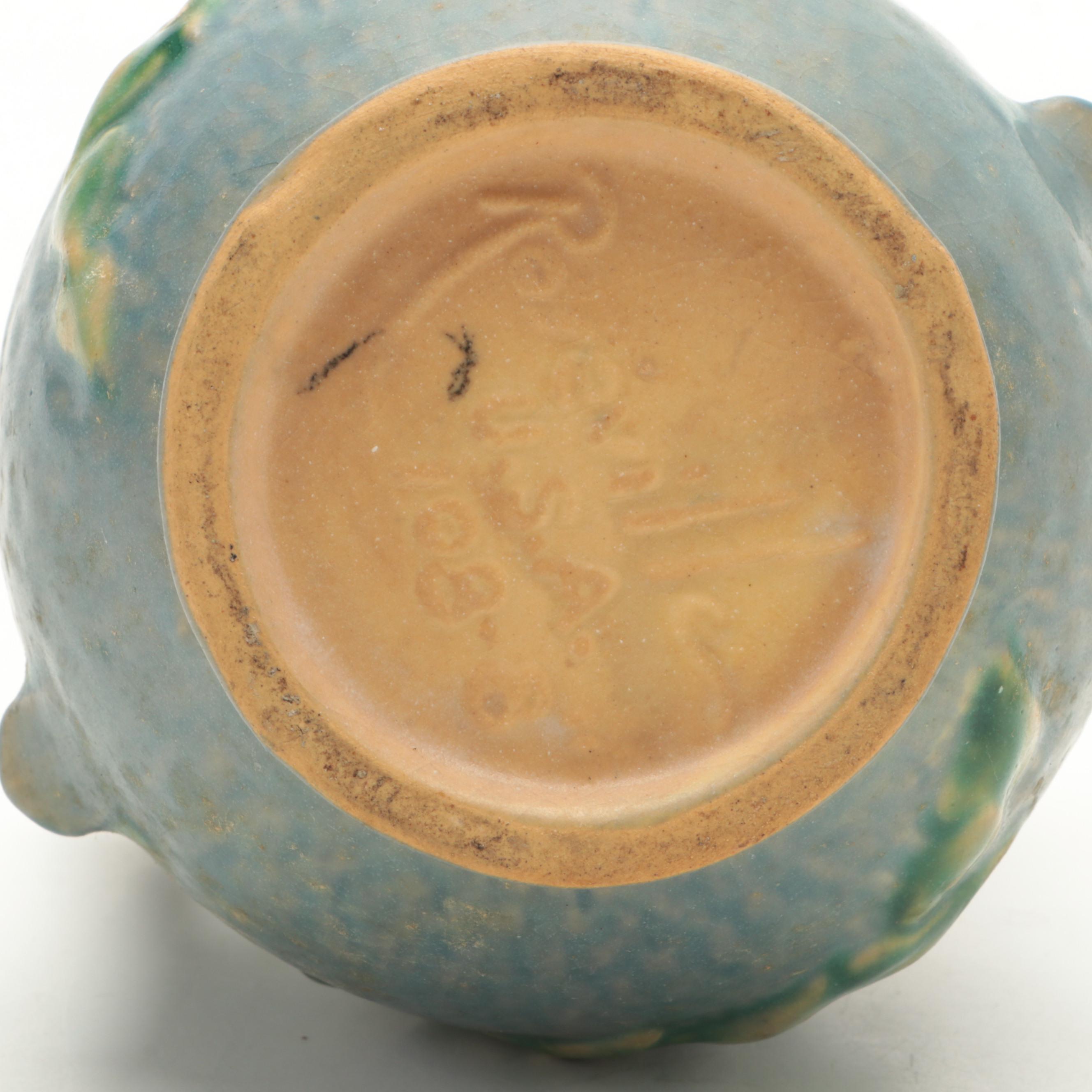 Roseville Pottery Clematis Vase, Hall Pottery Cornucopias and Marble Bookends