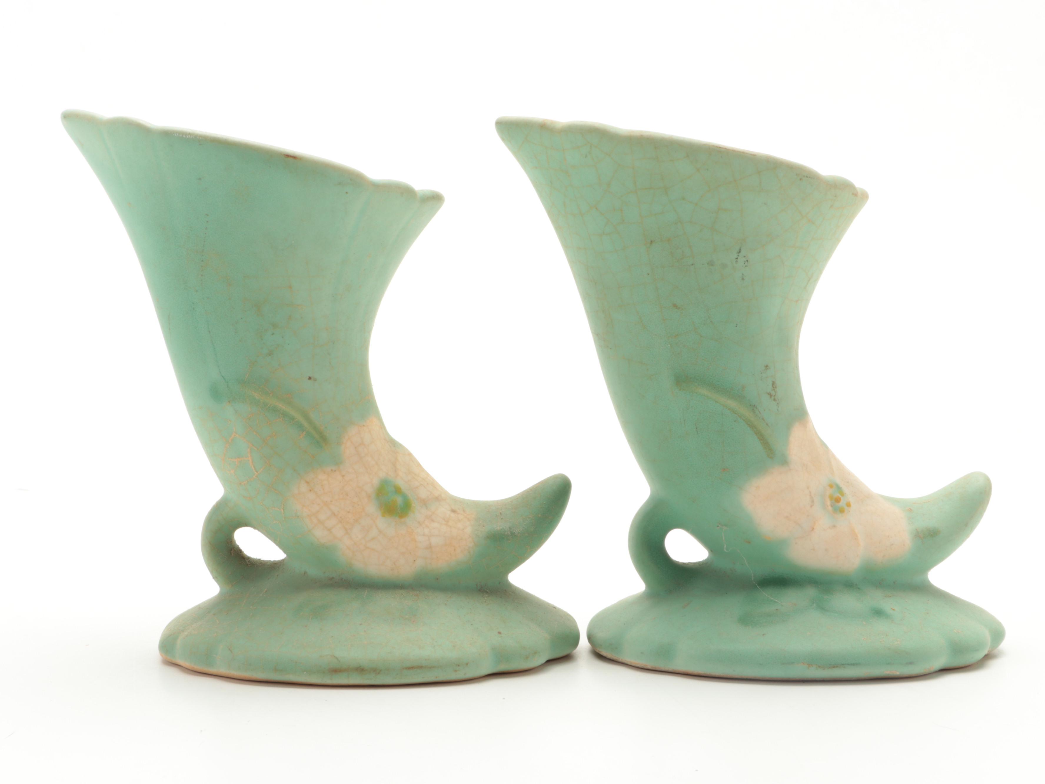 Roseville Pottery Clematis Vase, Hall Pottery Cornucopias and Marble Bookends