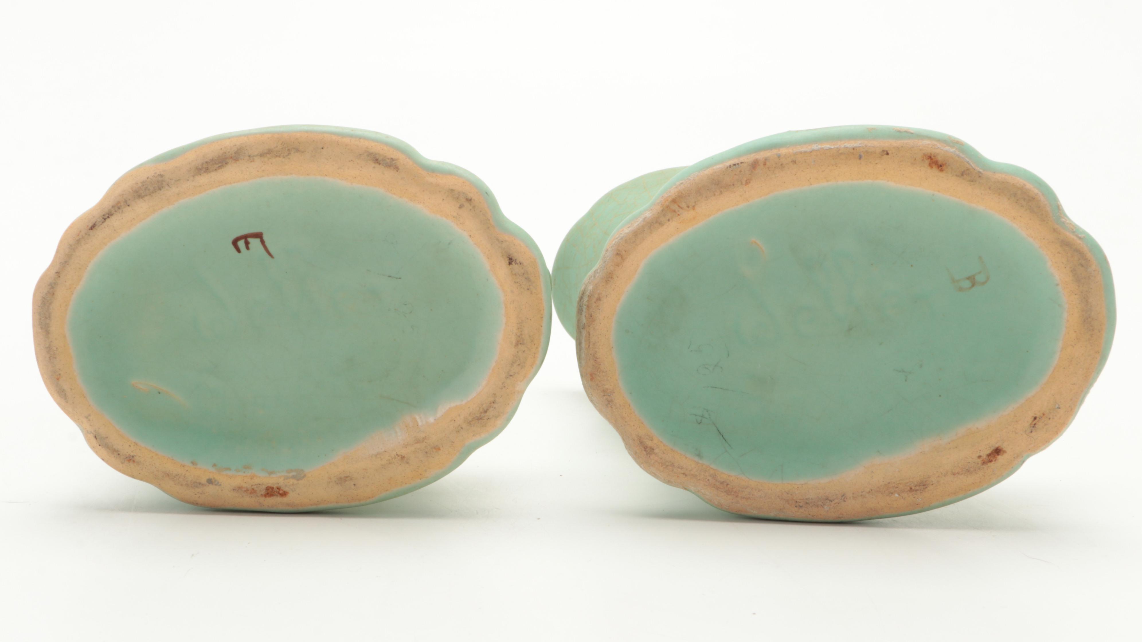 Roseville Pottery Clematis Vase, Hall Pottery Cornucopias and Marble Bookends