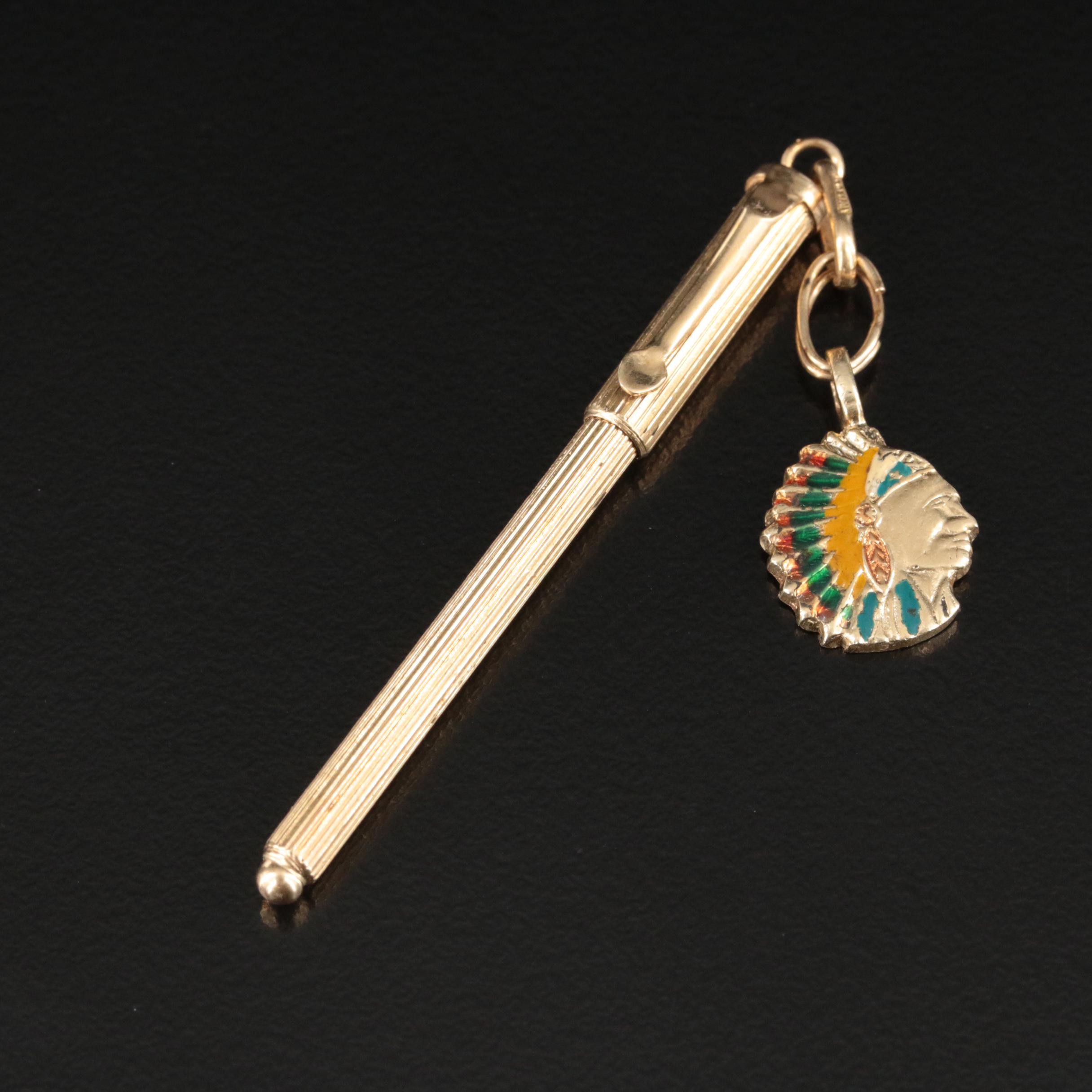 Vintage 14K Enamel Pen Pendant with Native American Figure Charm