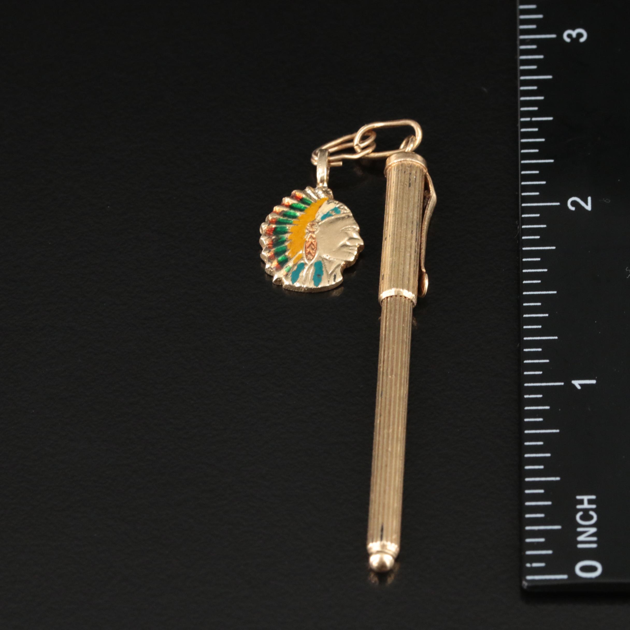 Vintage 14K Enamel Pen Pendant with Native American Figure Charm