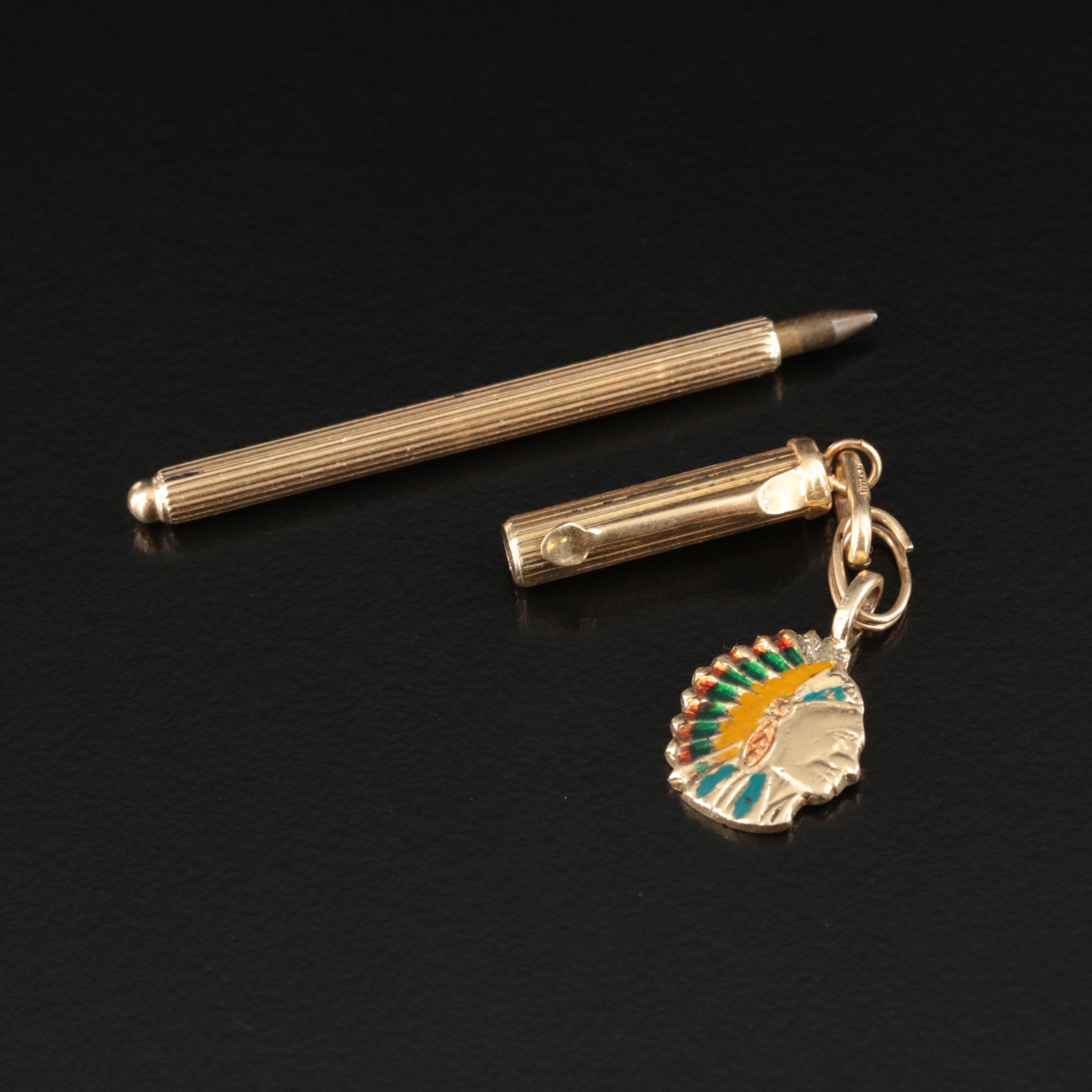 Vintage 14K Enamel Pen Pendant with Native American Figure Charm