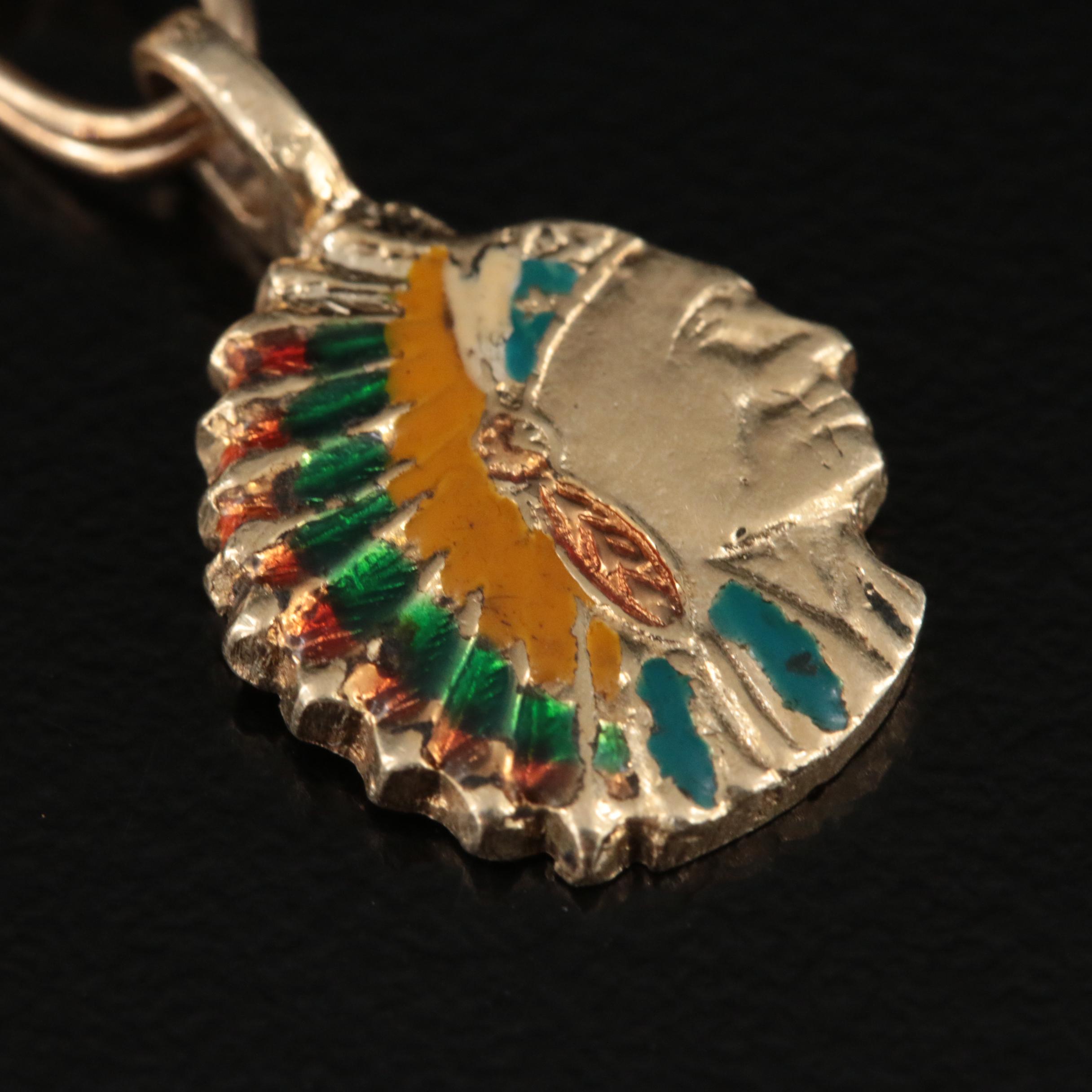 Vintage 14K Enamel Pen Pendant with Native American Figure Charm