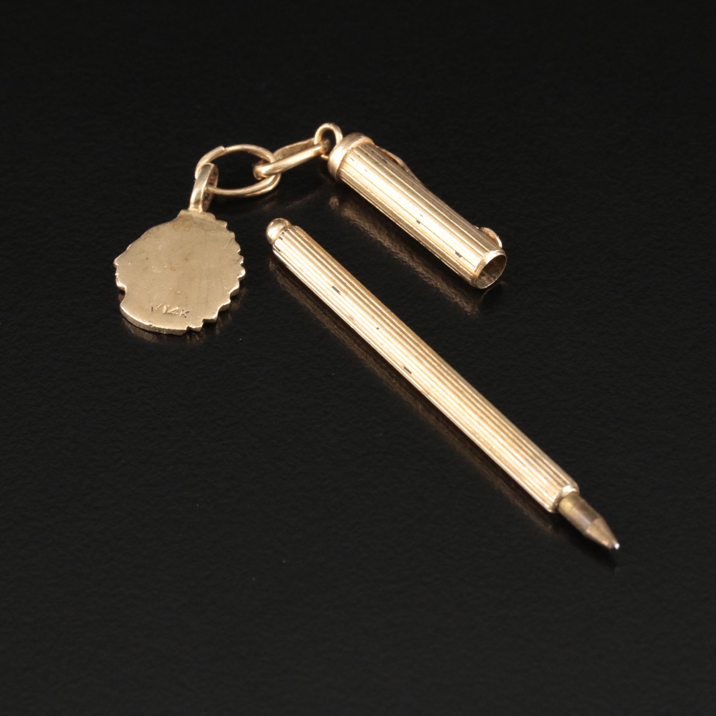 Vintage 14K Enamel Pen Pendant with Native American Figure Charm