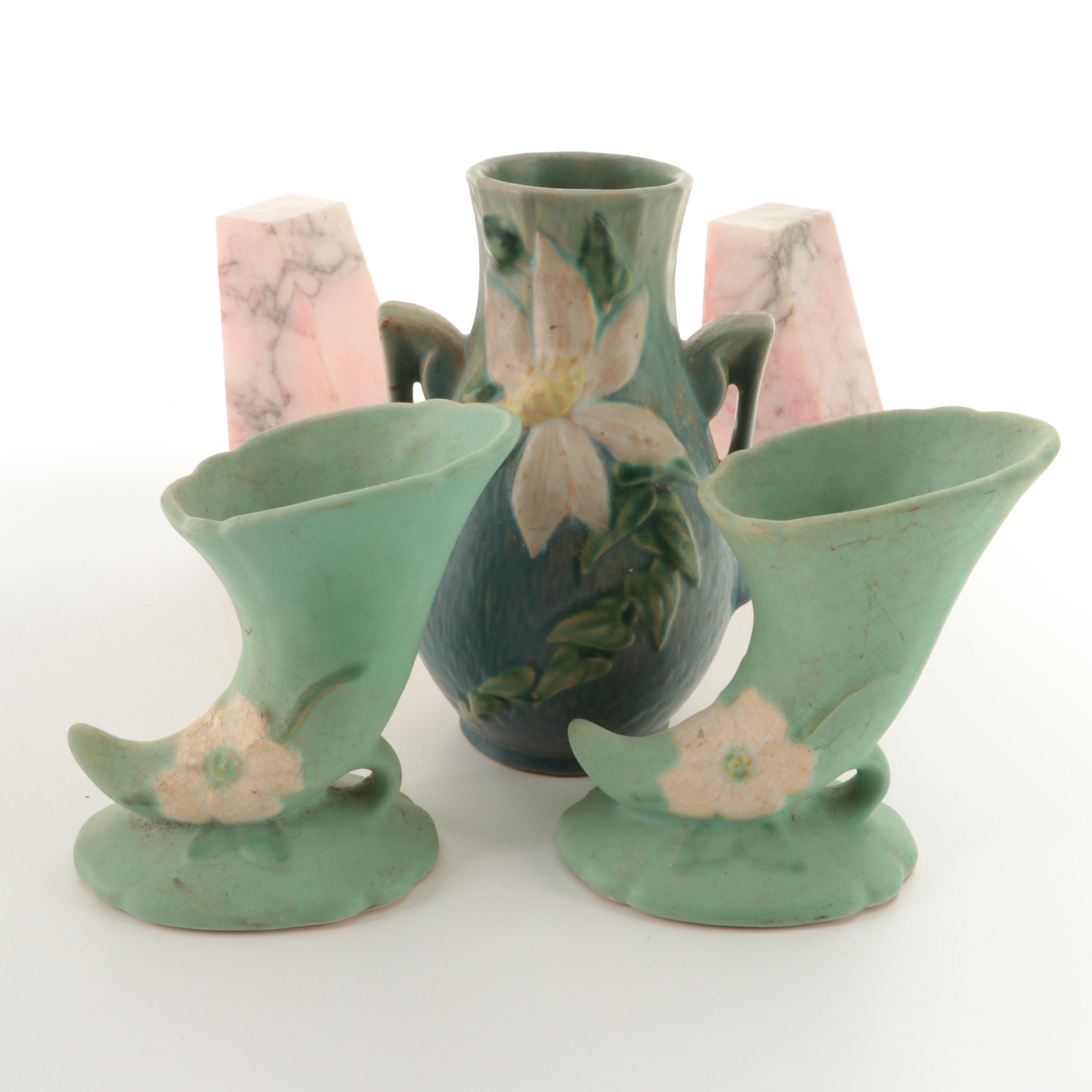 Roseville Pottery Clematis Vase, Hall Pottery Cornucopias and Marble Bookends