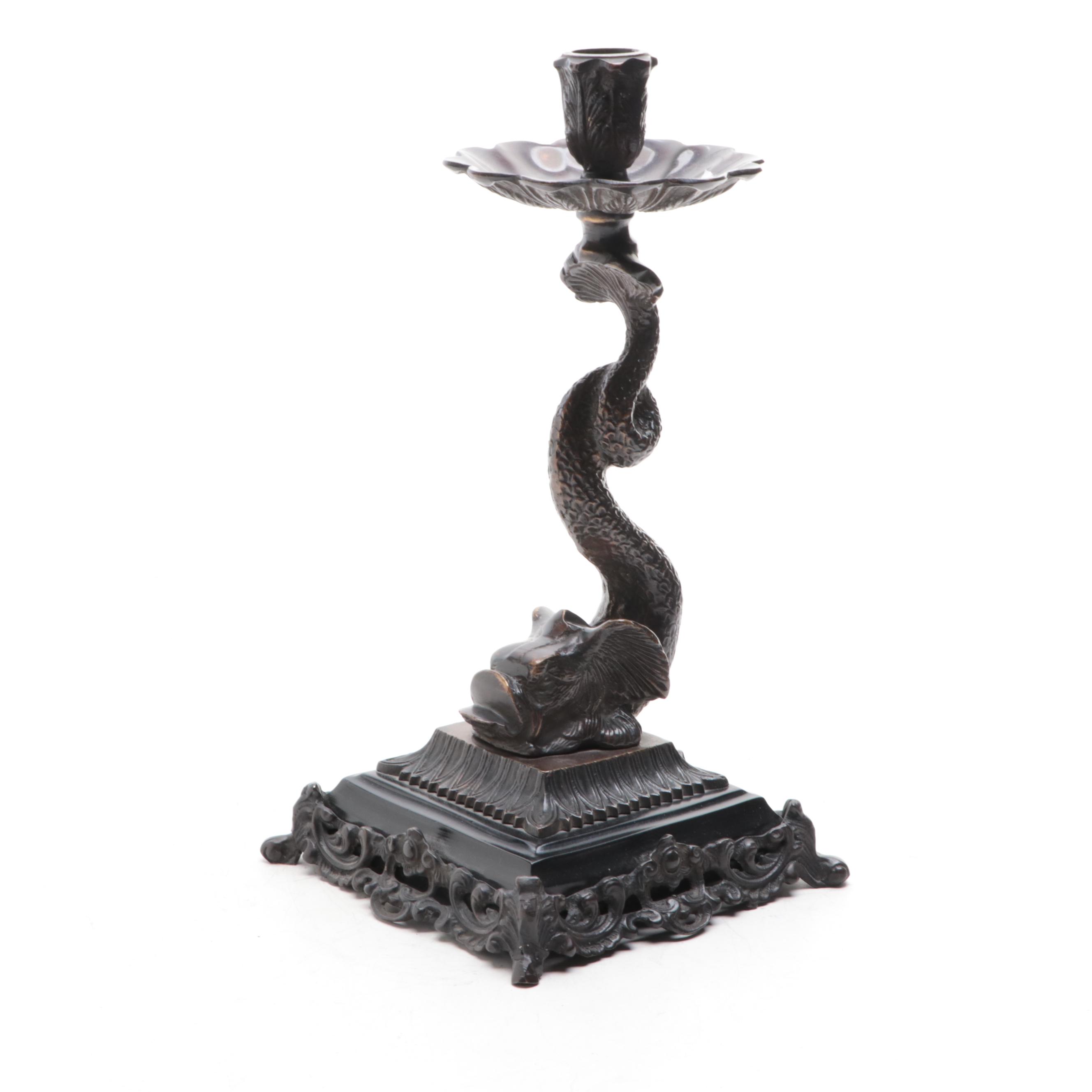 Rococo Style Bronzed Metal Dolphin Candlestick
