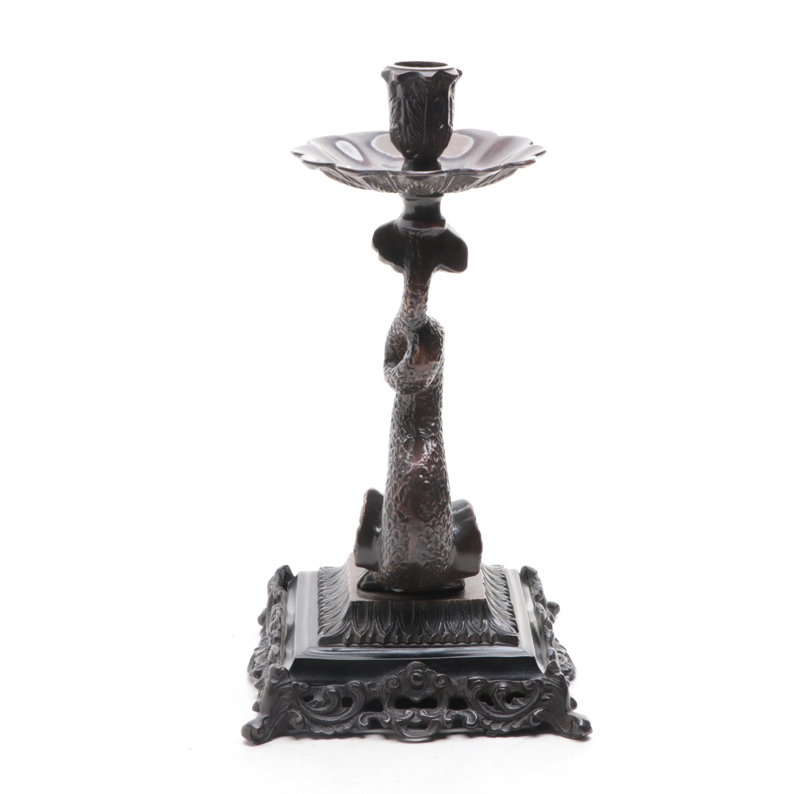 Rococo Style Bronzed Metal Dolphin Candlestick