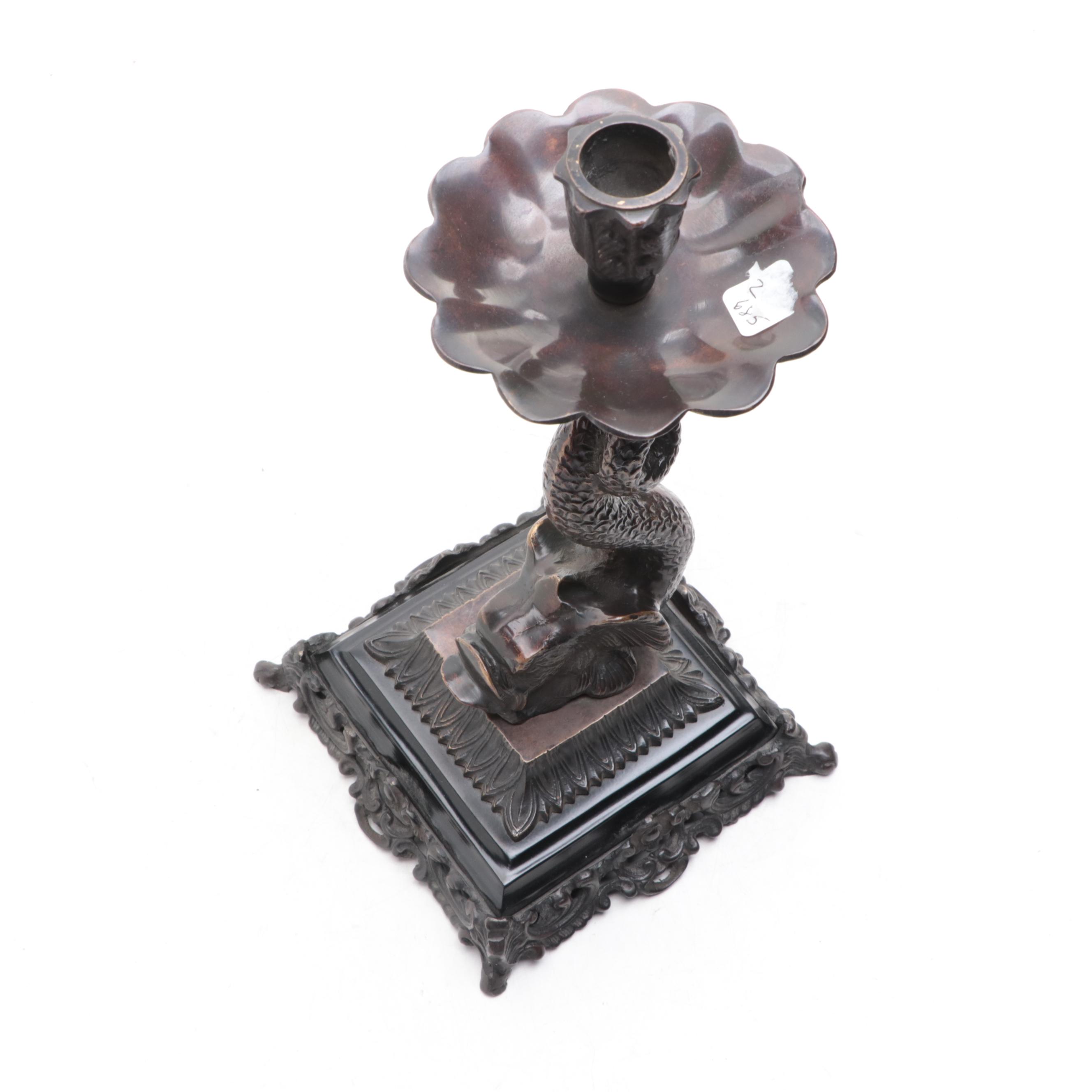 Rococo Style Bronzed Metal Dolphin Candlestick