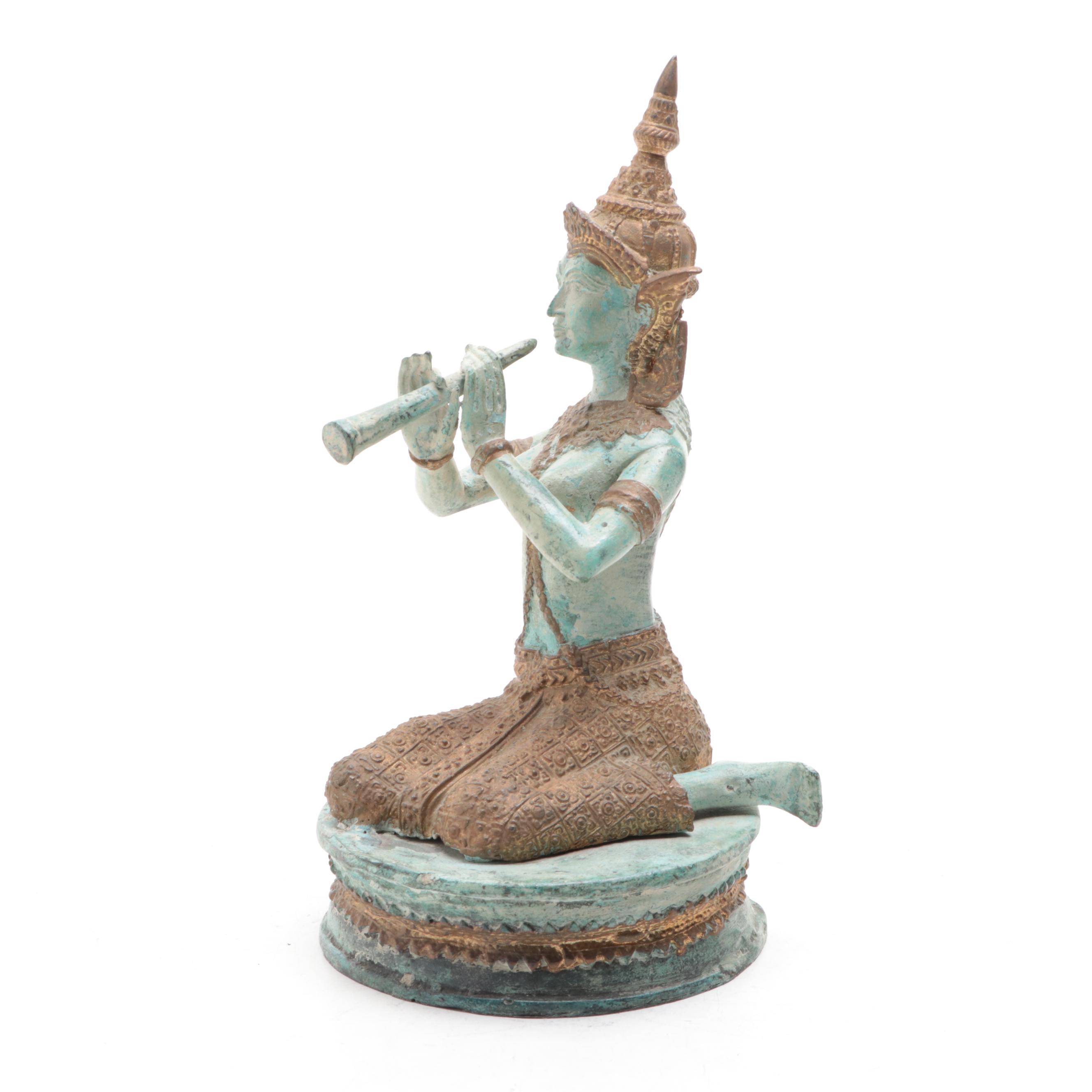 Thai Bronze-Patinated Brass Figure of a Musician