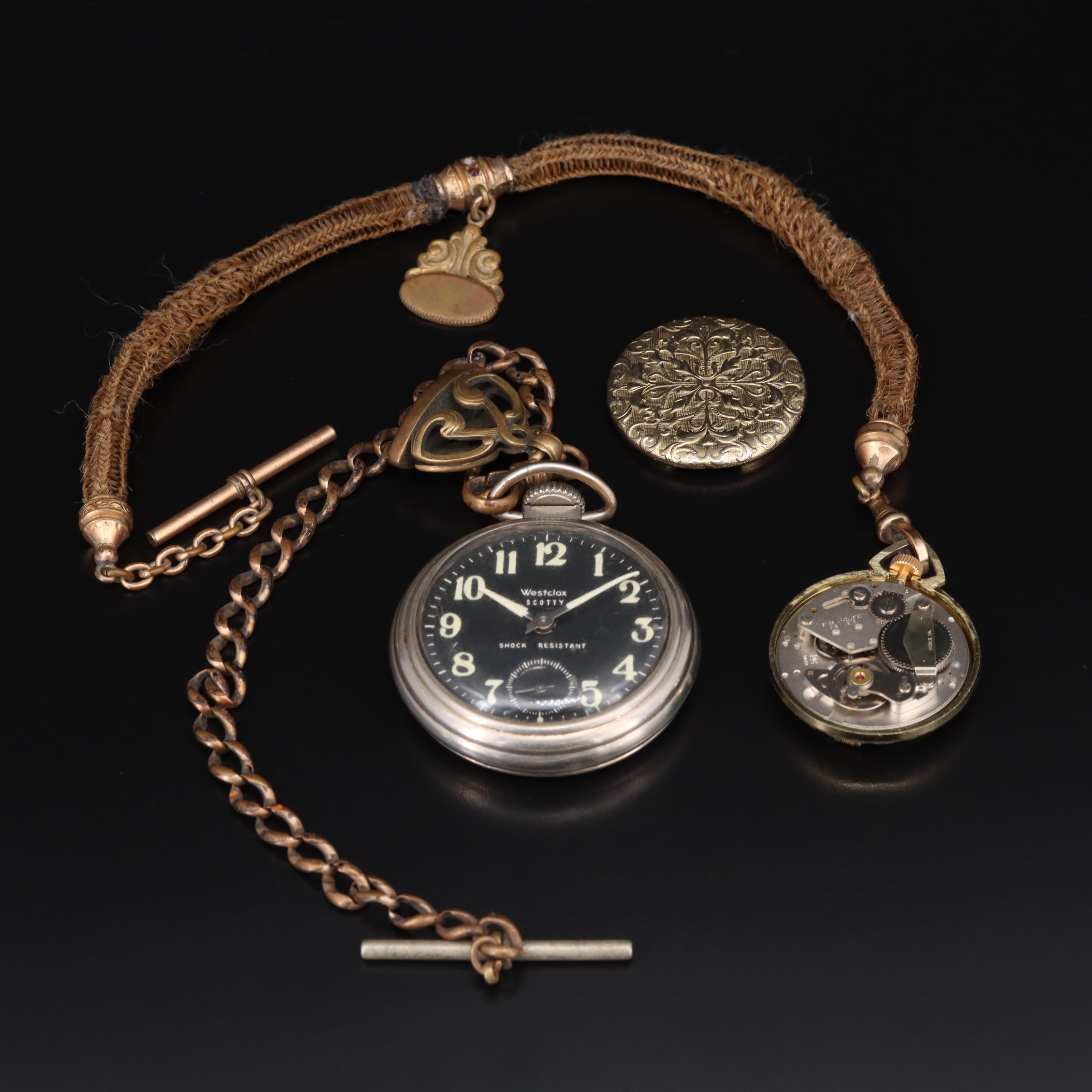 Pair of Vintage Pocket Watches with Fobs Including Woven Hair