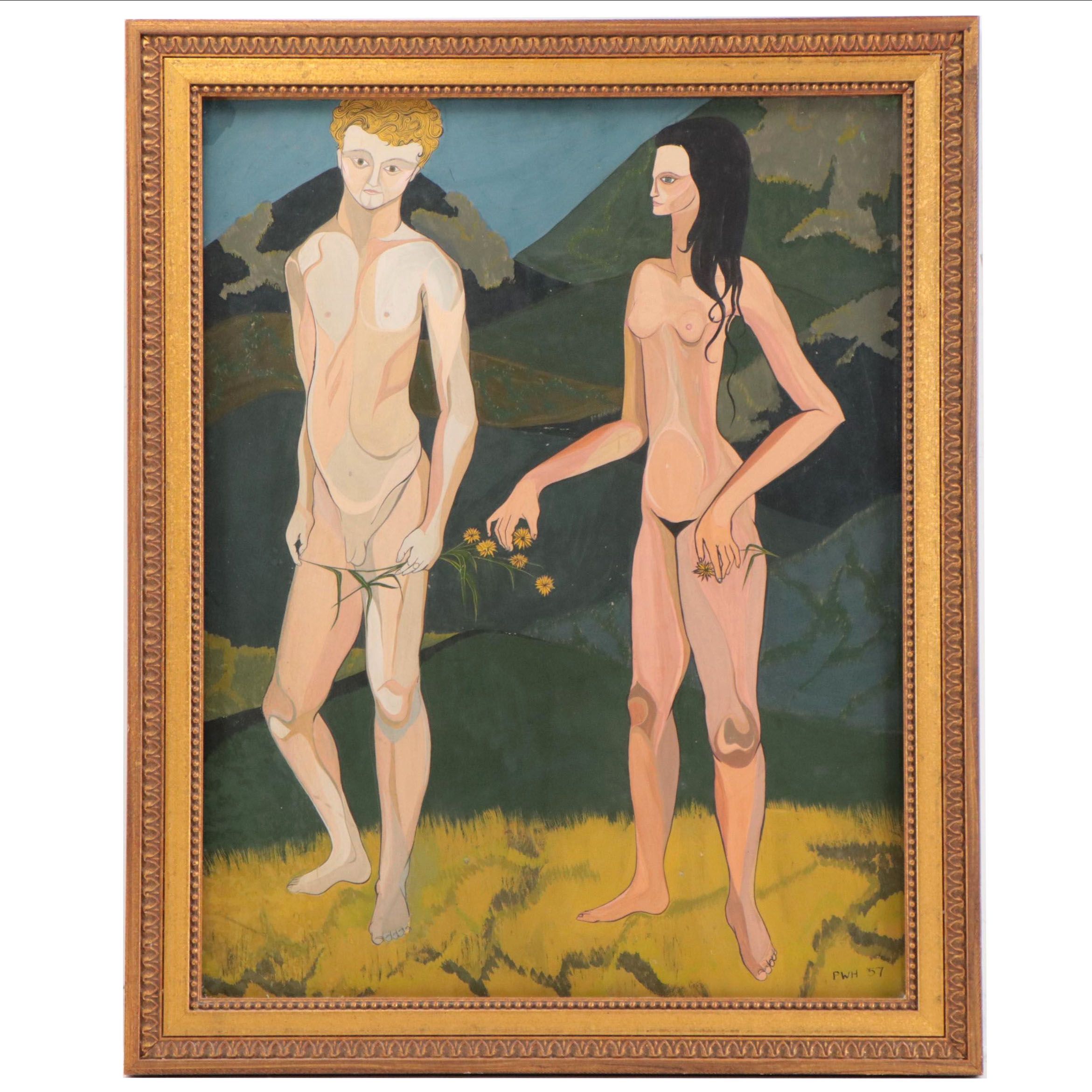 Figural Gouache Painting of Man and Woman in Landscape, 1957