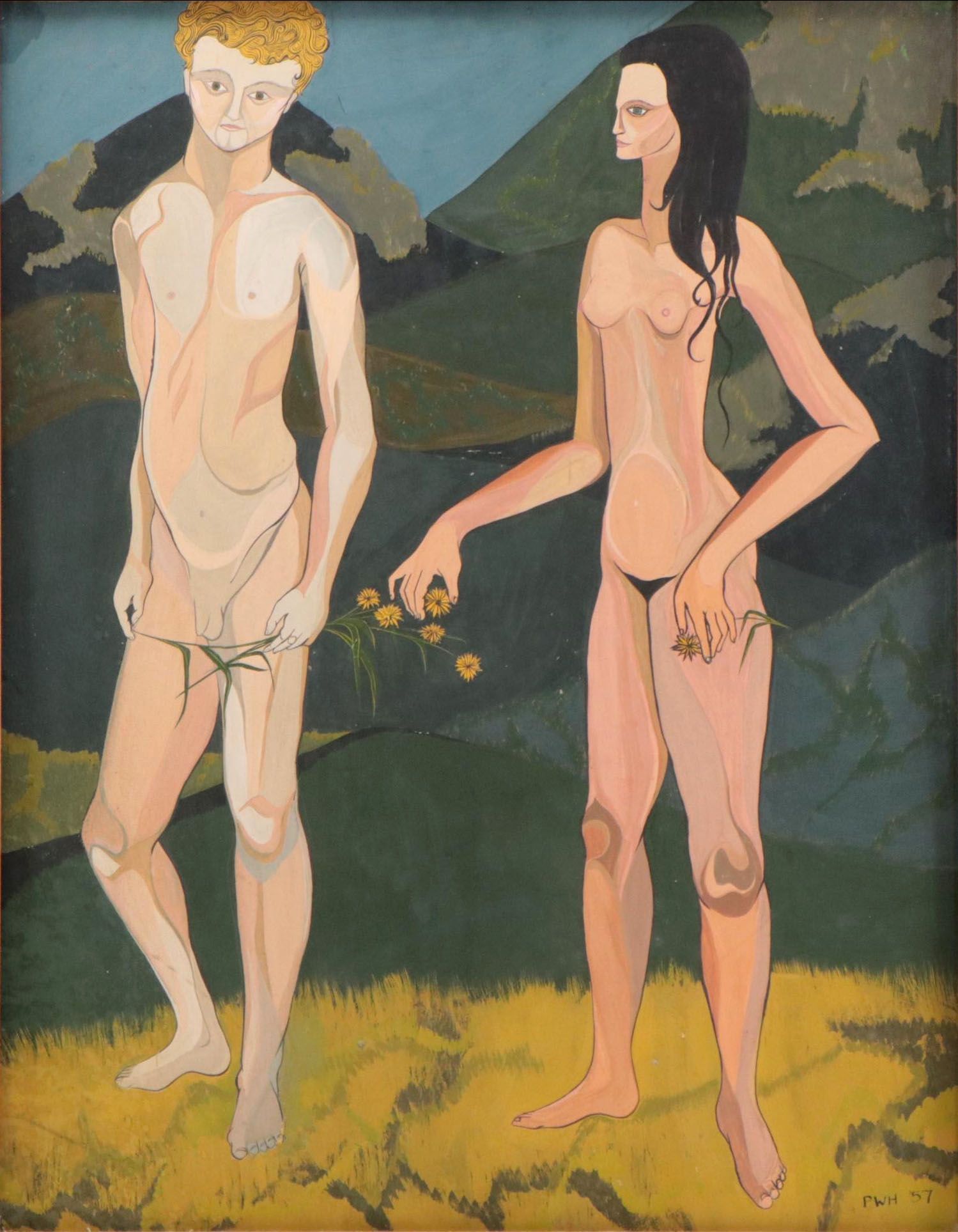 Figural Gouache Painting of Man and Woman in Landscape, 1957