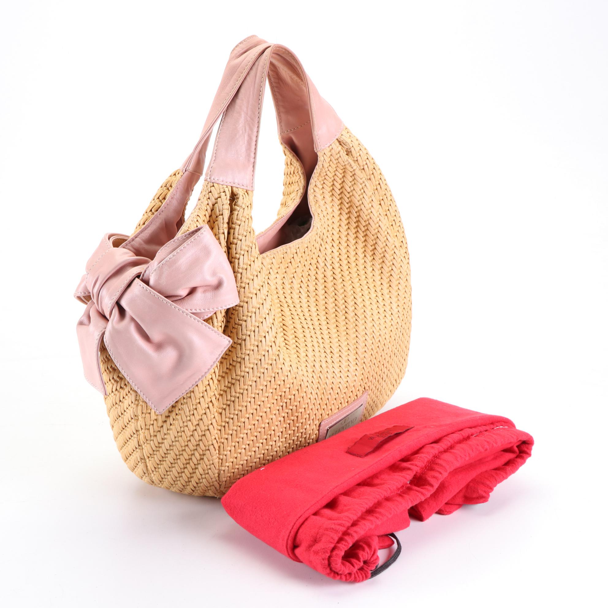 Valentino Bow Woven Raffia Hobo Bag with Pink Leather Trim