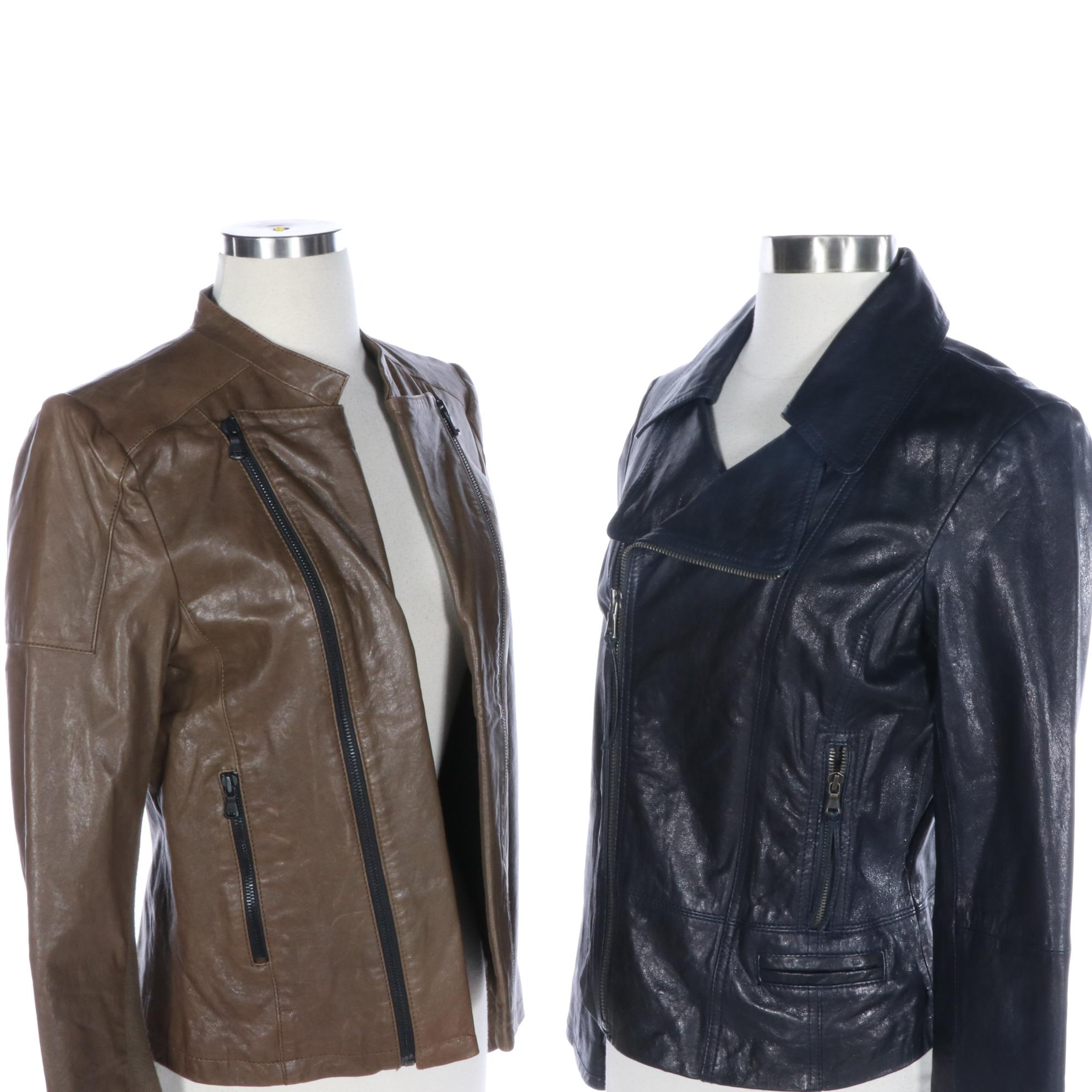 June Olive Leather Zipper-Front Jacket and Navy Leather Moto Jacket