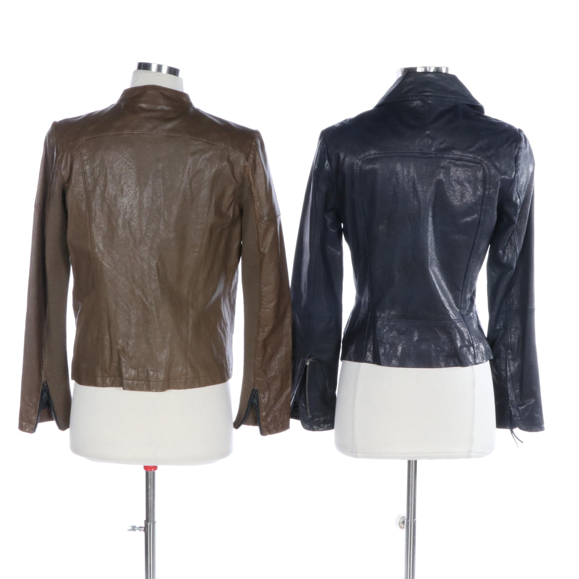 June Olive Leather Zipper-Front Jacket and Navy Leather Moto Jacket