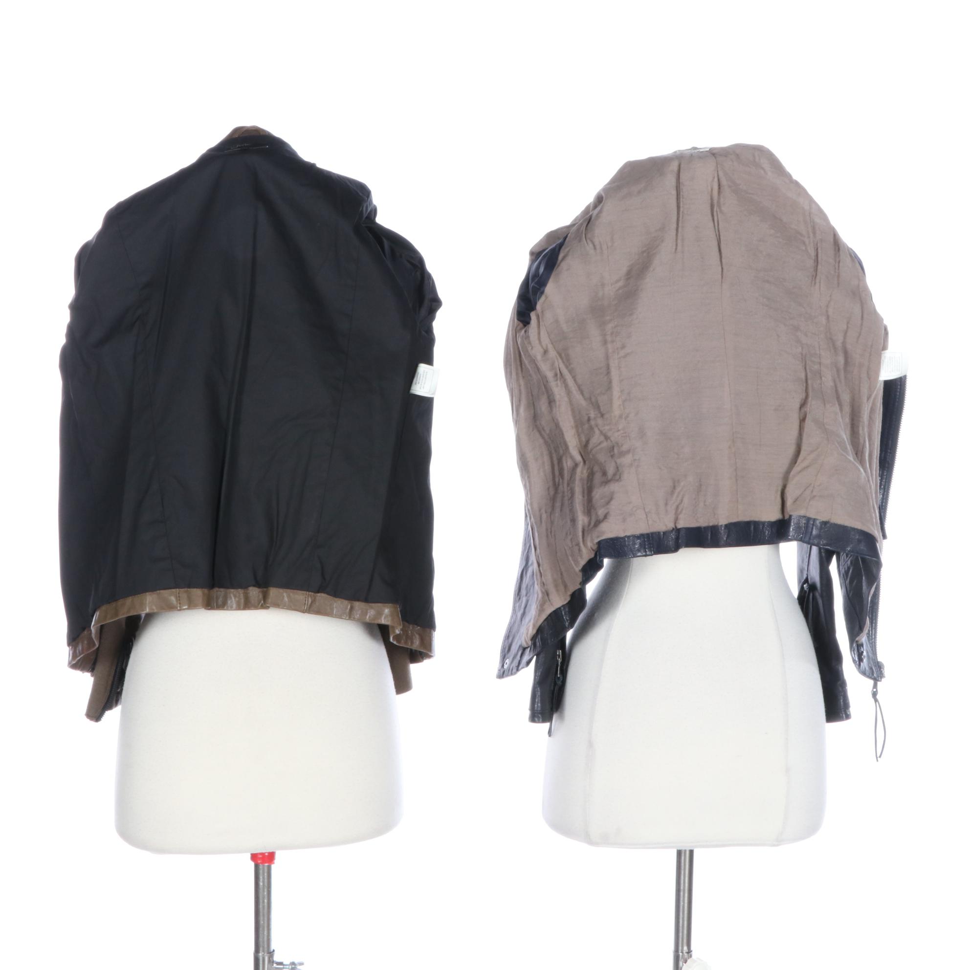 June Olive Leather Zipper-Front Jacket and Navy Leather Moto Jacket