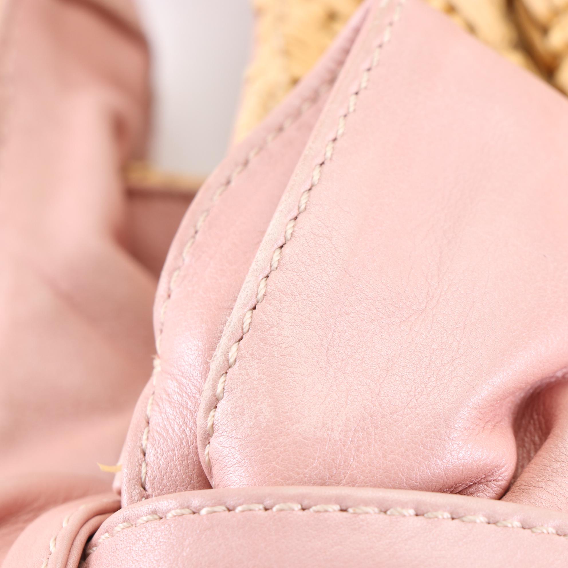 Valentino Bow Woven Raffia Hobo Bag with Pink Leather Trim