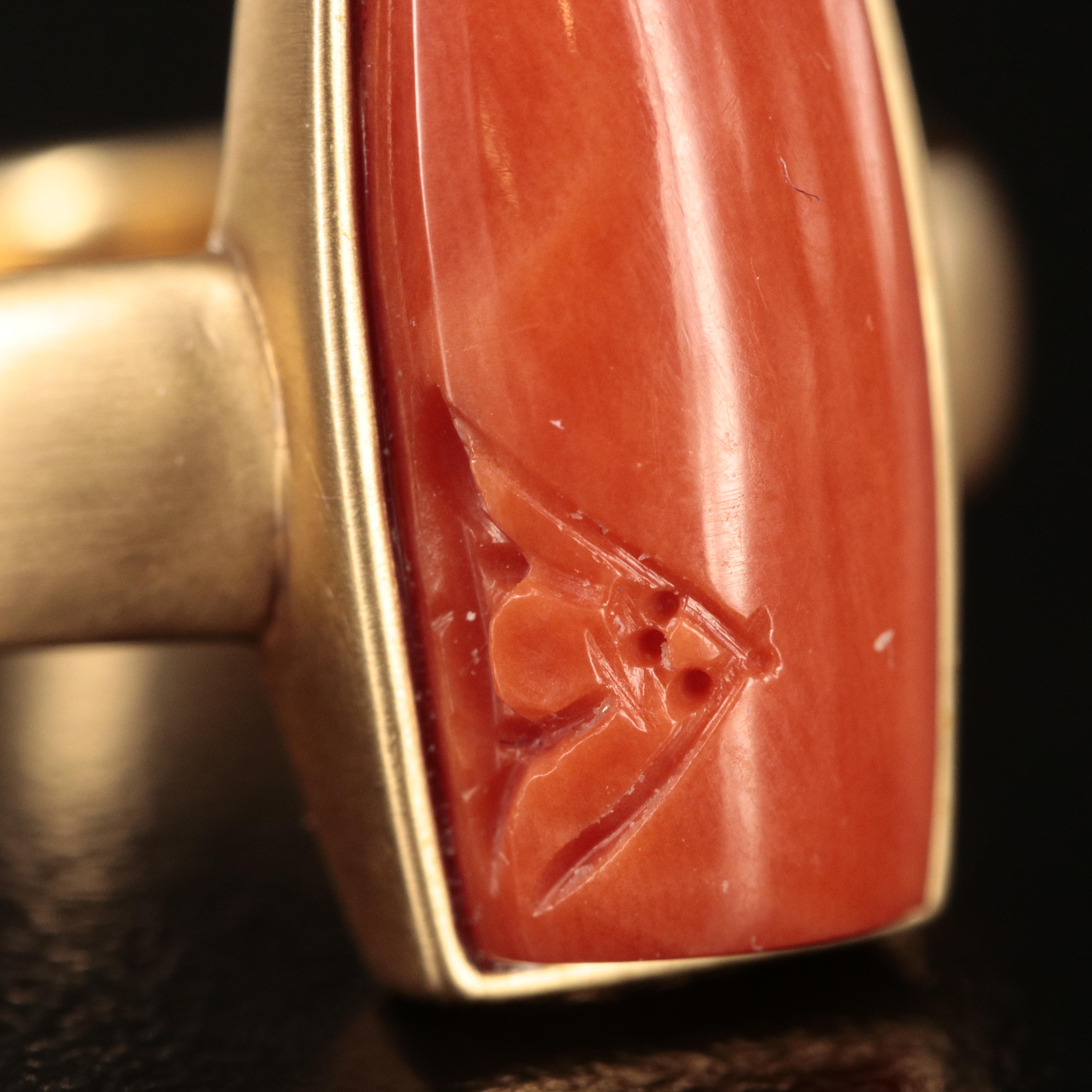 18K Carved Coral Solitaire Ring