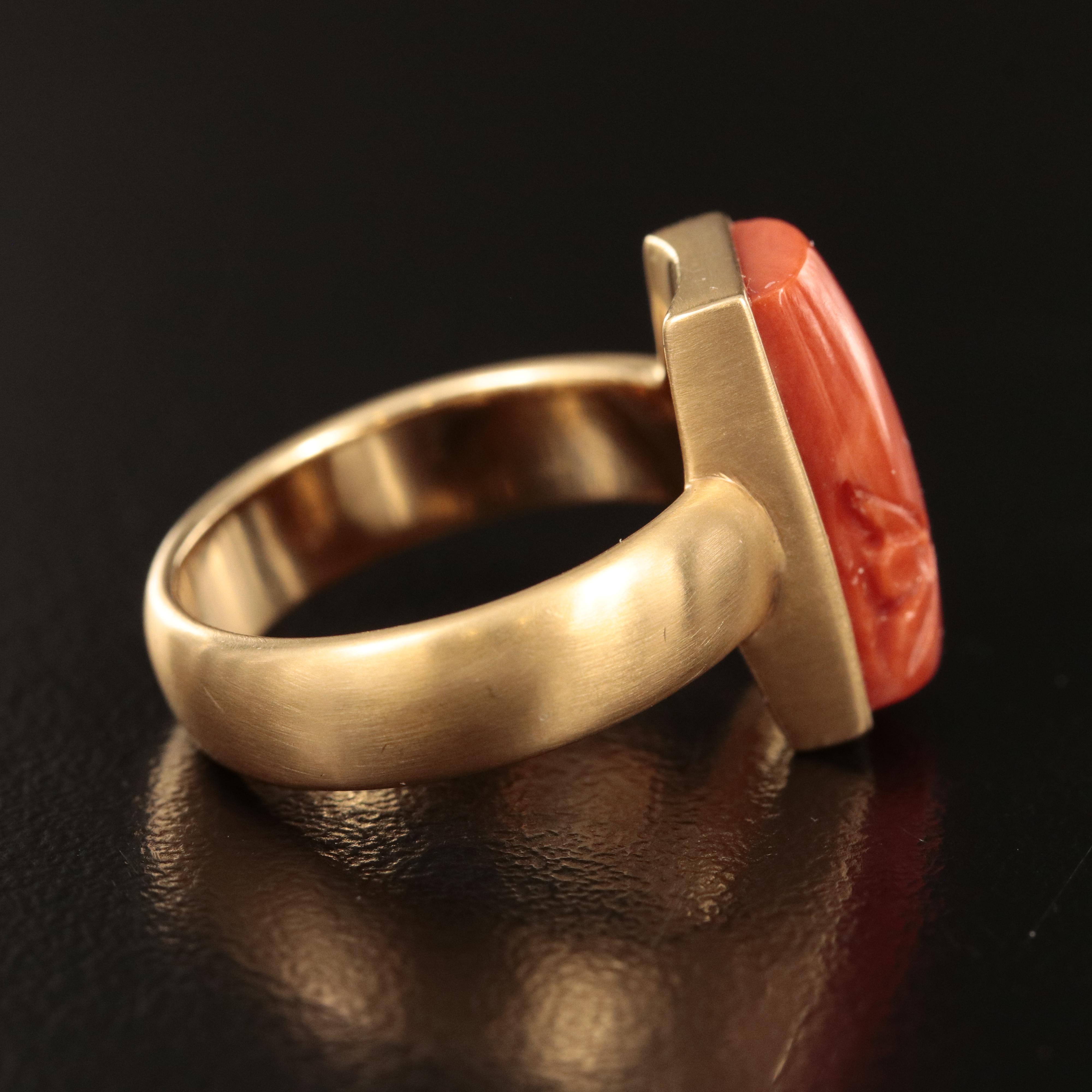 18K Carved Coral Solitaire Ring