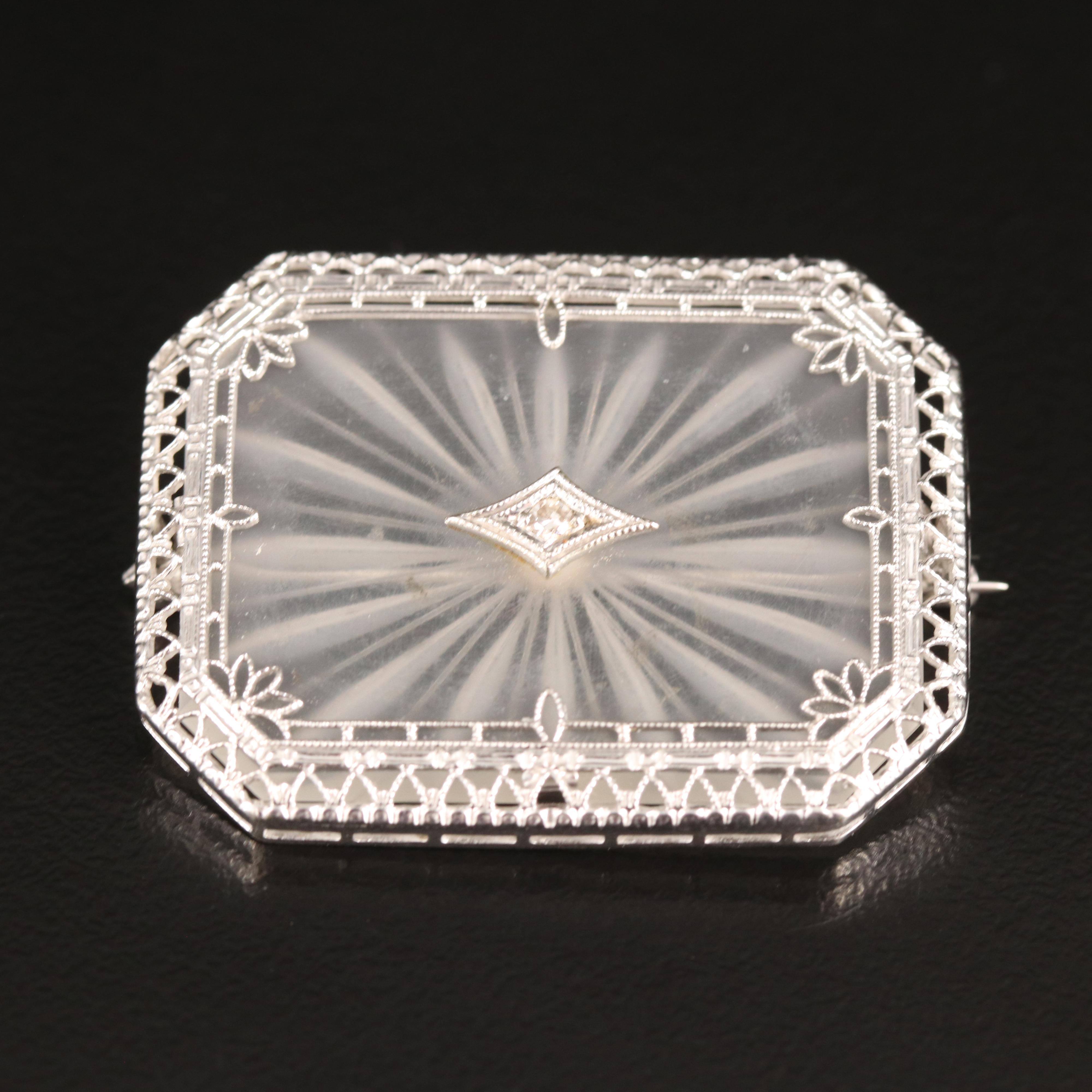 Vintage 14K Rock Crystal Quartz and Diamond Brooch