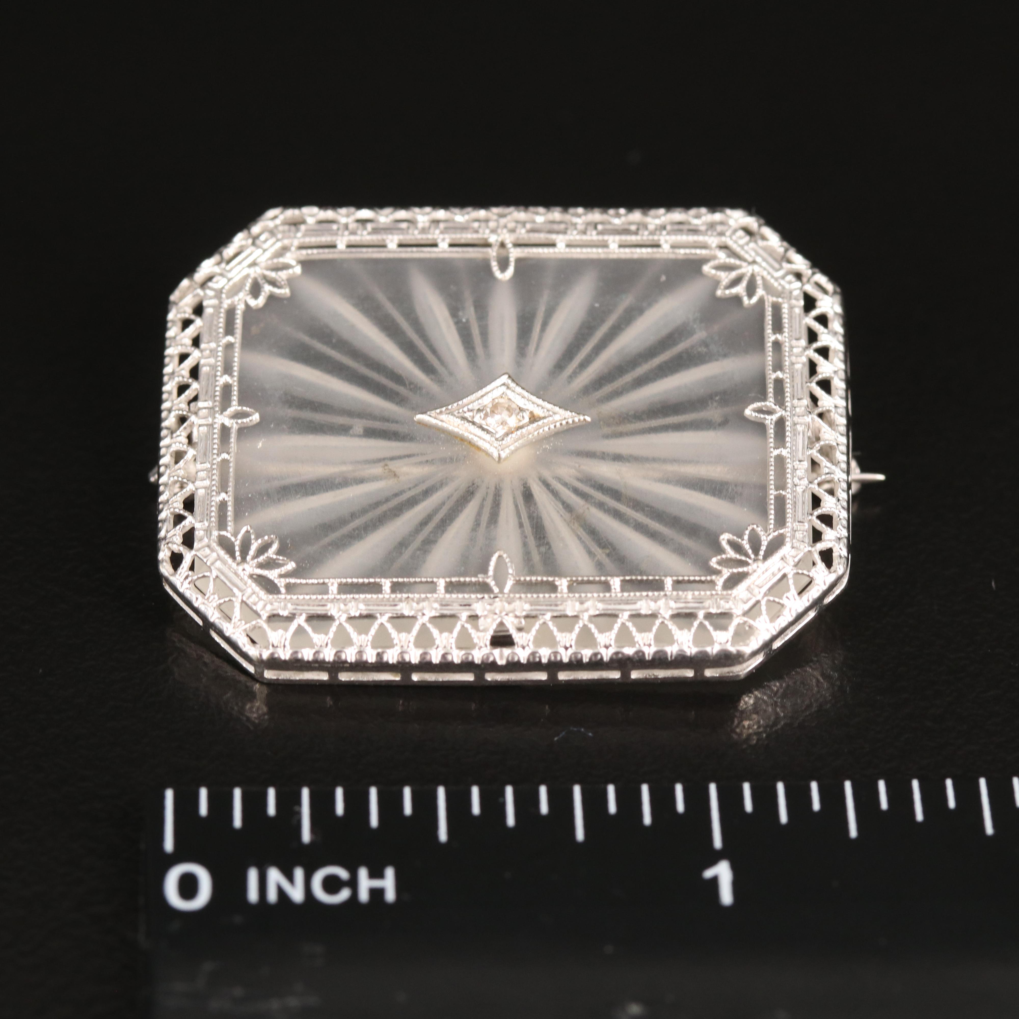 Vintage 14K Rock Crystal Quartz and Diamond Brooch