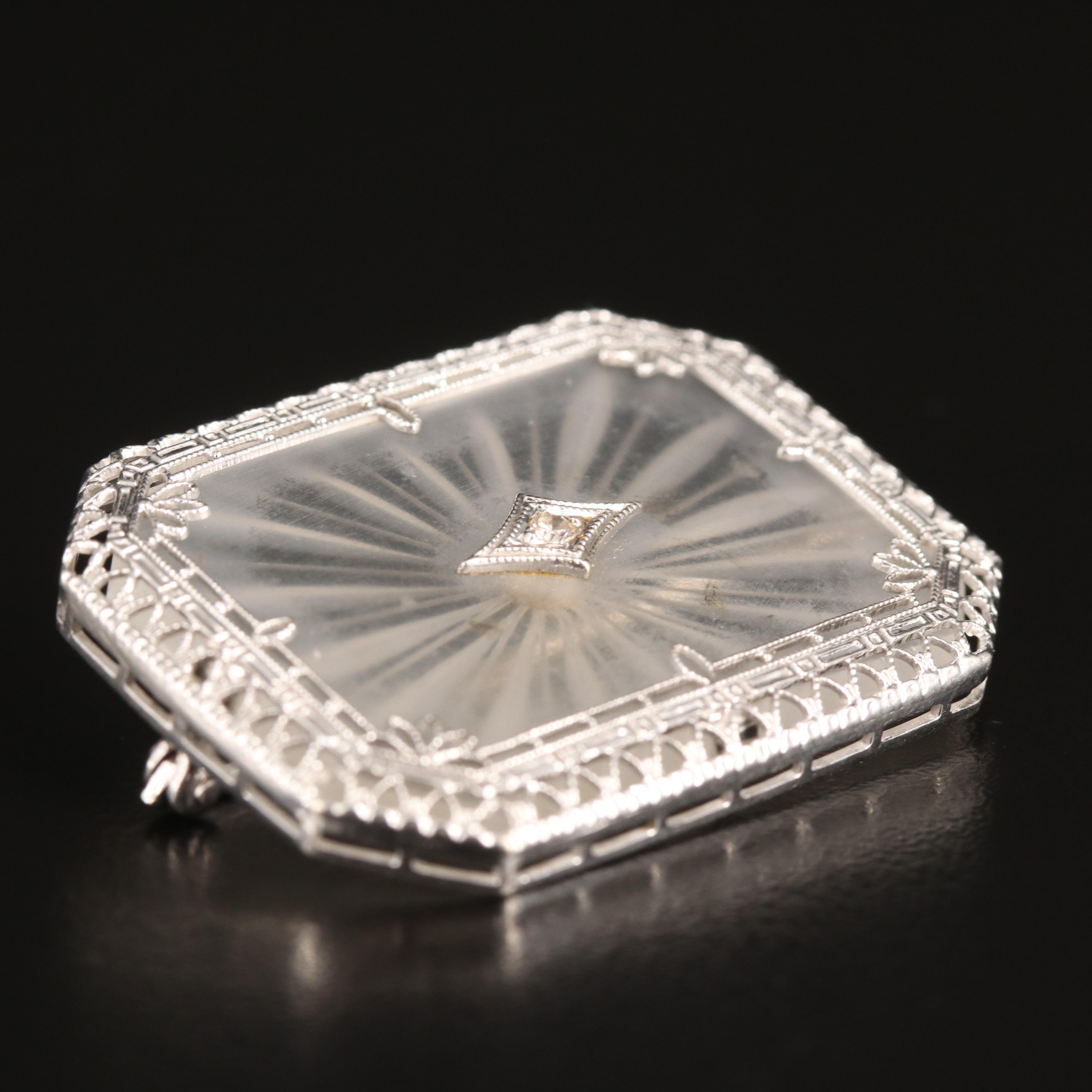 Vintage 14K Rock Crystal Quartz and Diamond Brooch