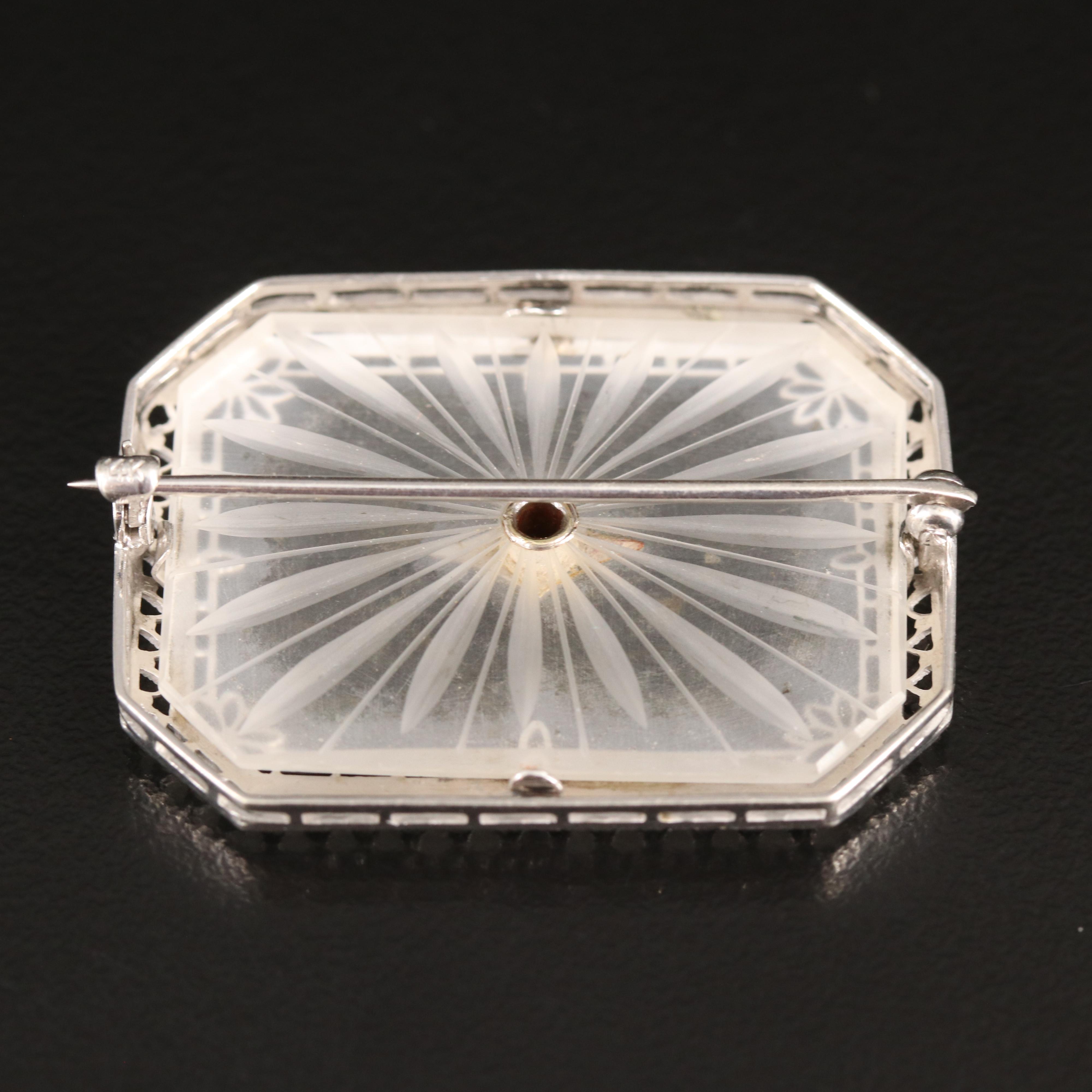 Vintage 14K Rock Crystal Quartz and Diamond Brooch