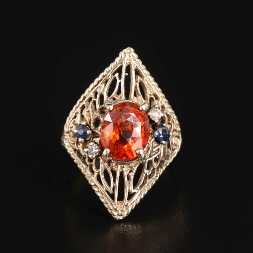 14K Hessionite Garnet, Sapphire and Diamond Navette Ring