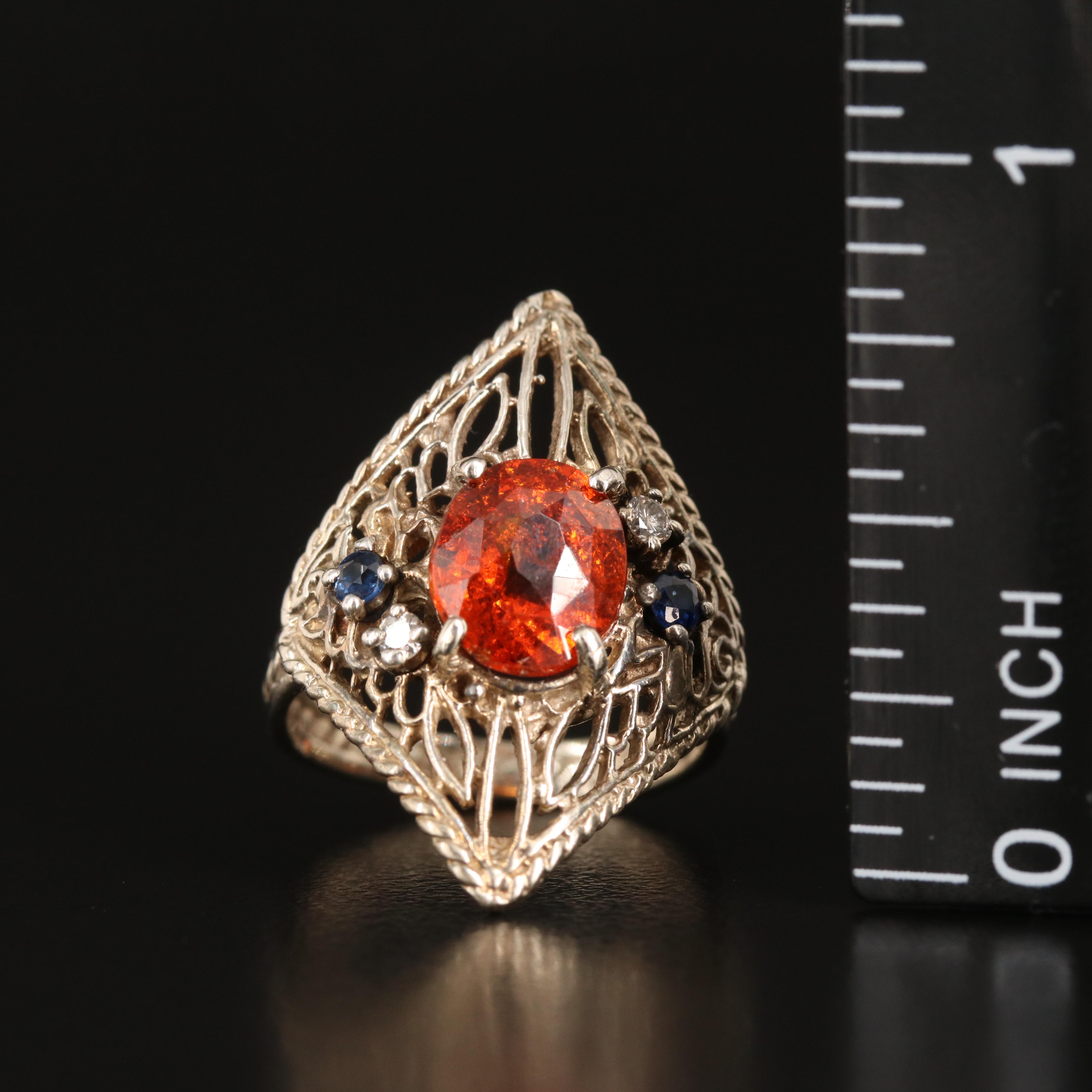 14K Hessionite Garnet, Sapphire and Diamond Navette Ring