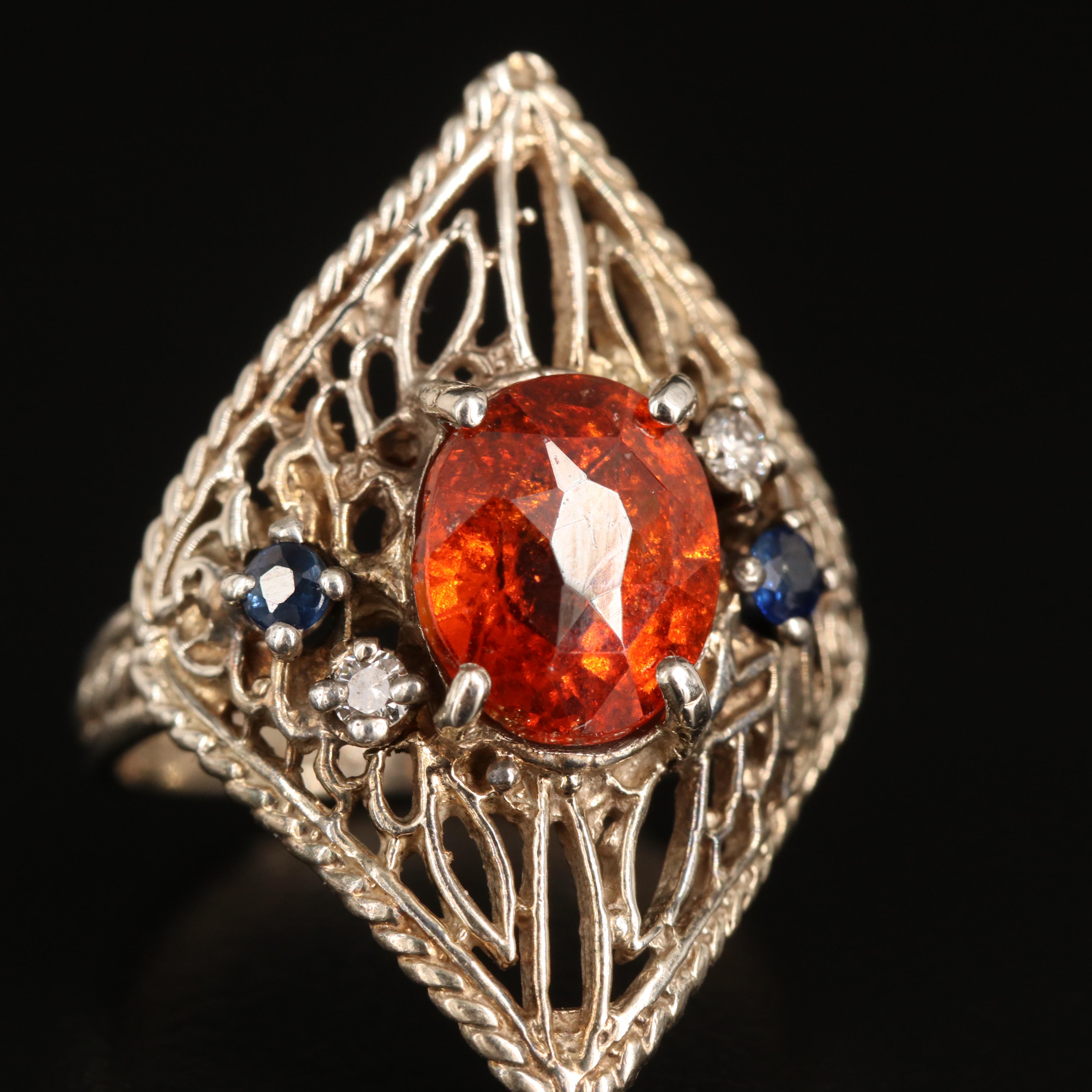 14K Hessionite Garnet, Sapphire and Diamond Navette Ring
