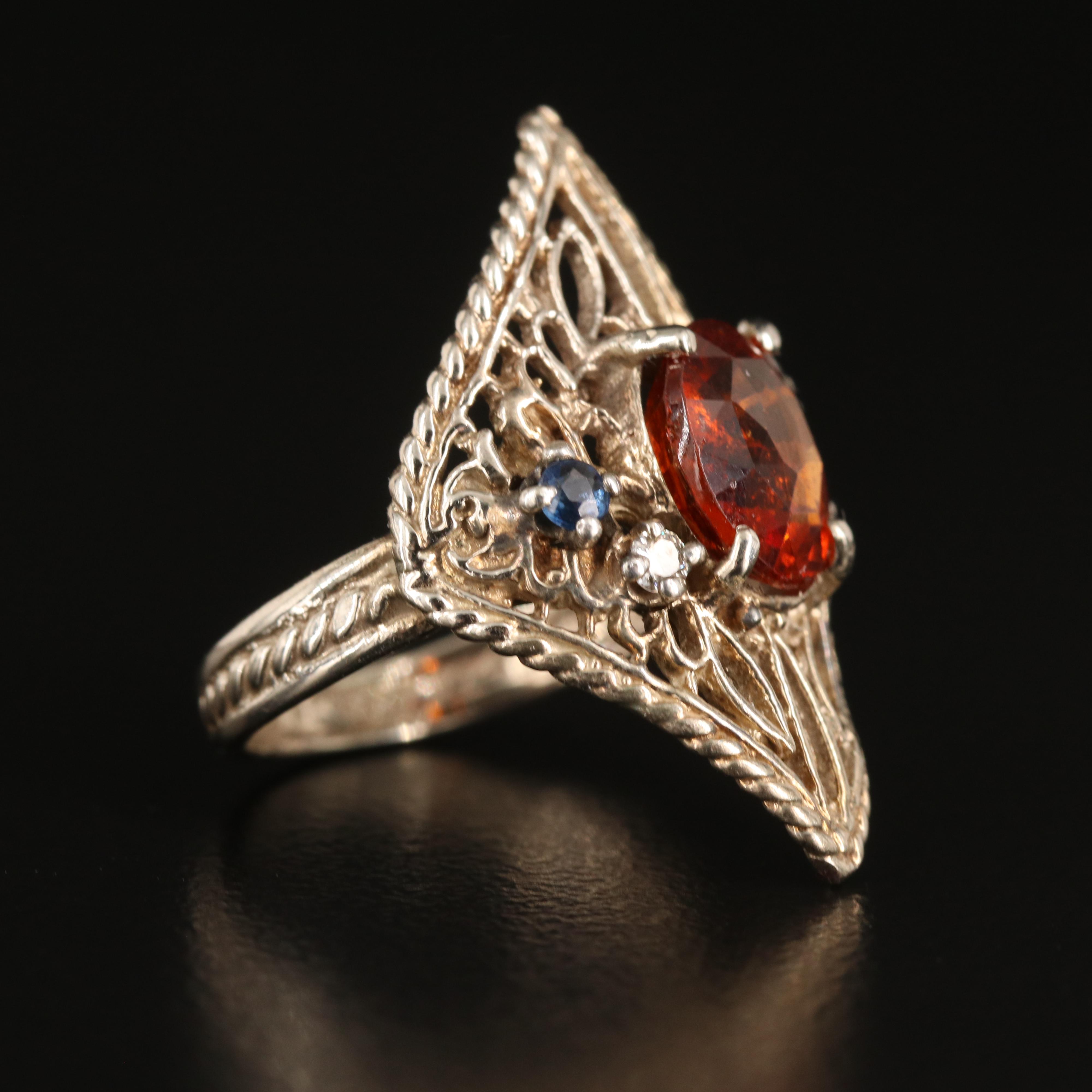 14K Hessionite Garnet, Sapphire and Diamond Navette Ring