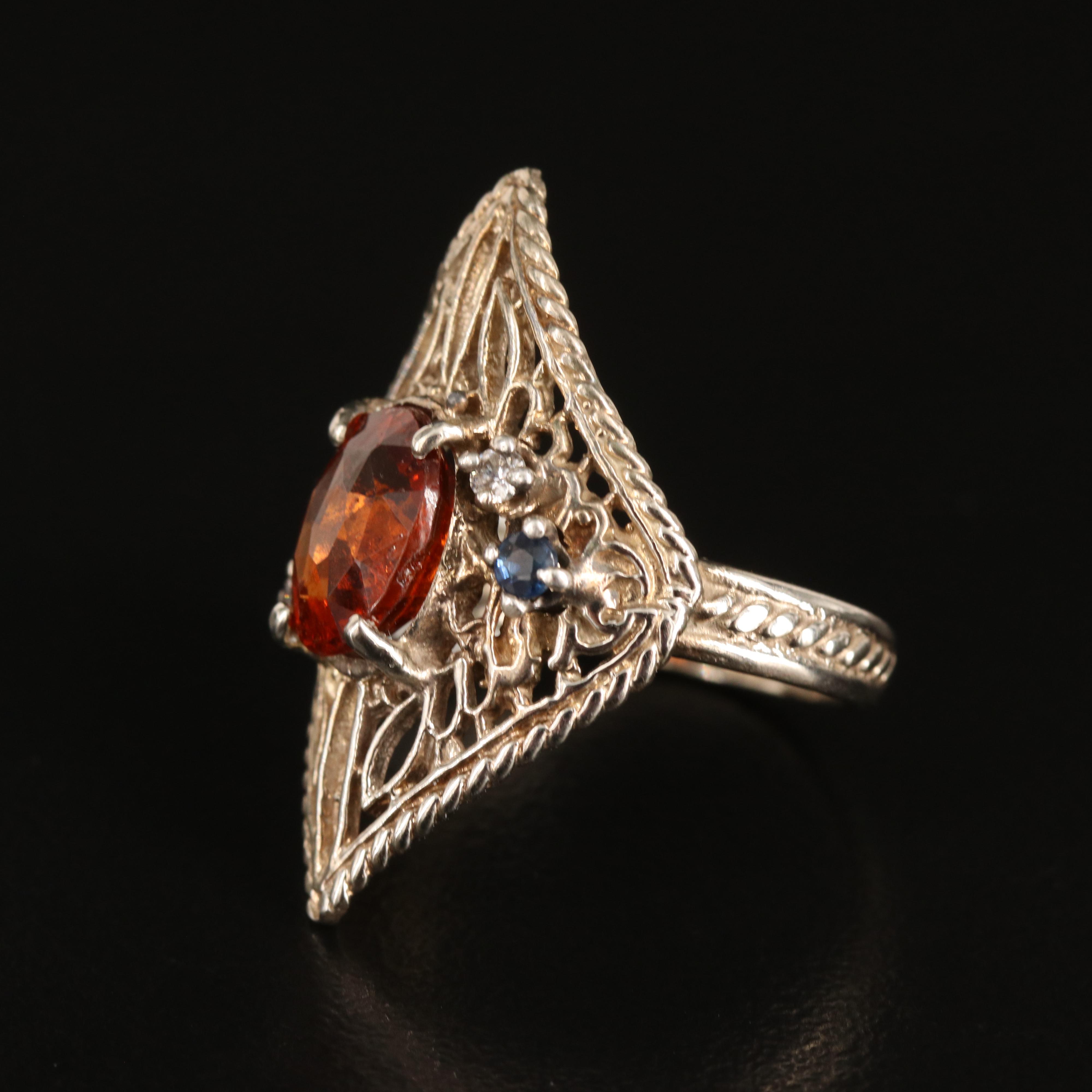14K Hessionite Garnet, Sapphire and Diamond Navette Ring