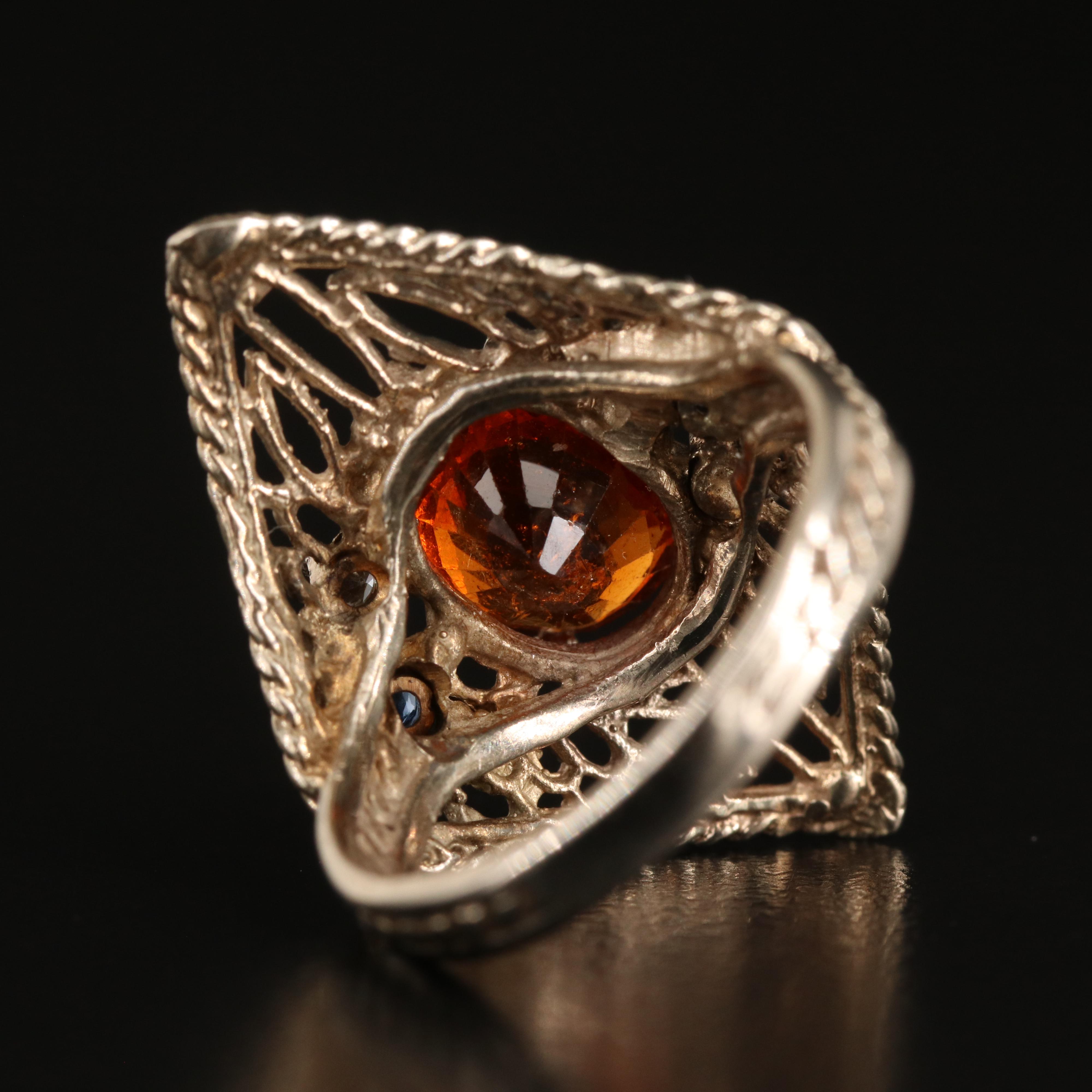 14K Hessionite Garnet, Sapphire and Diamond Navette Ring