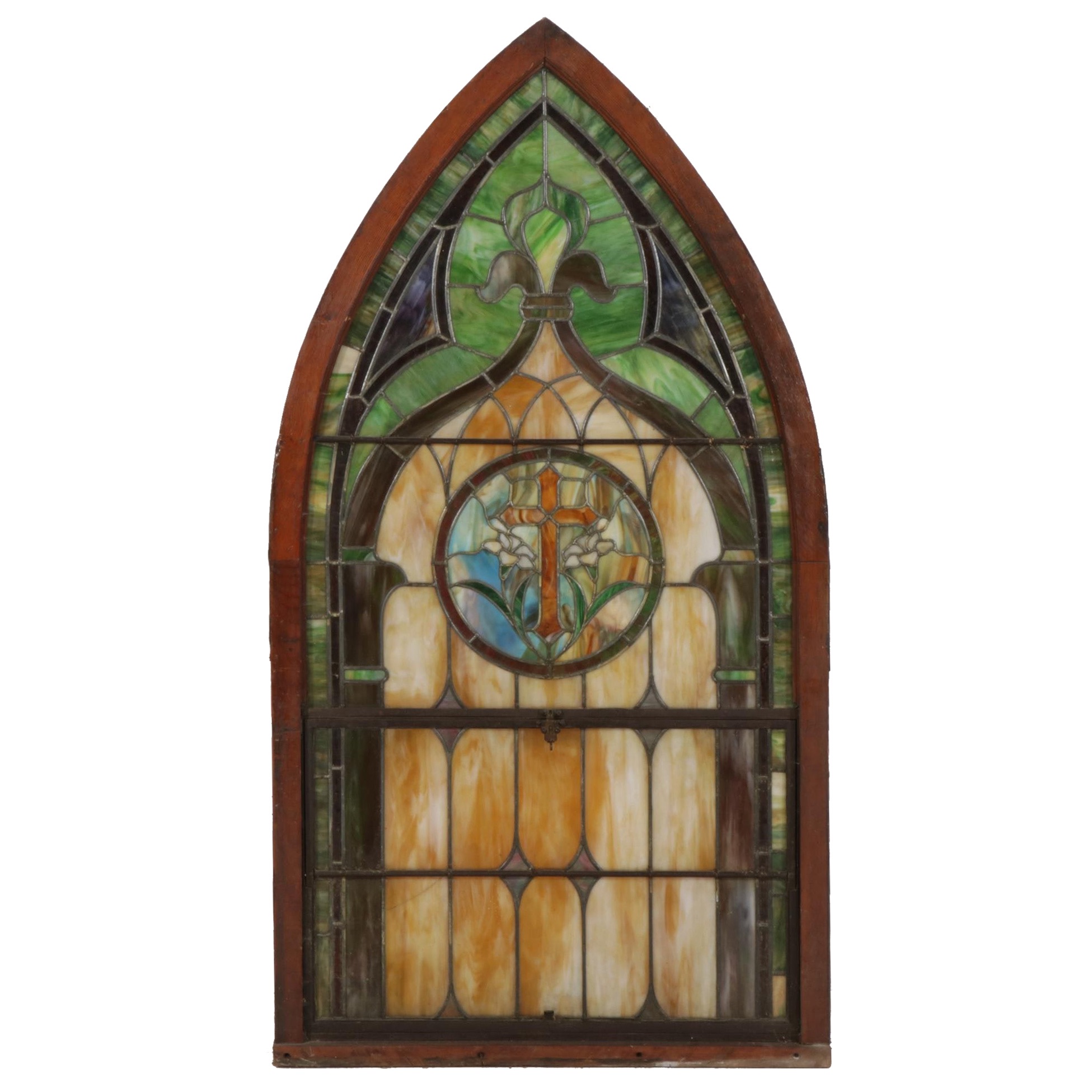 Gothic Style Leaded Slag and Stained Glass Window in Oak Casement, Early 20th C.