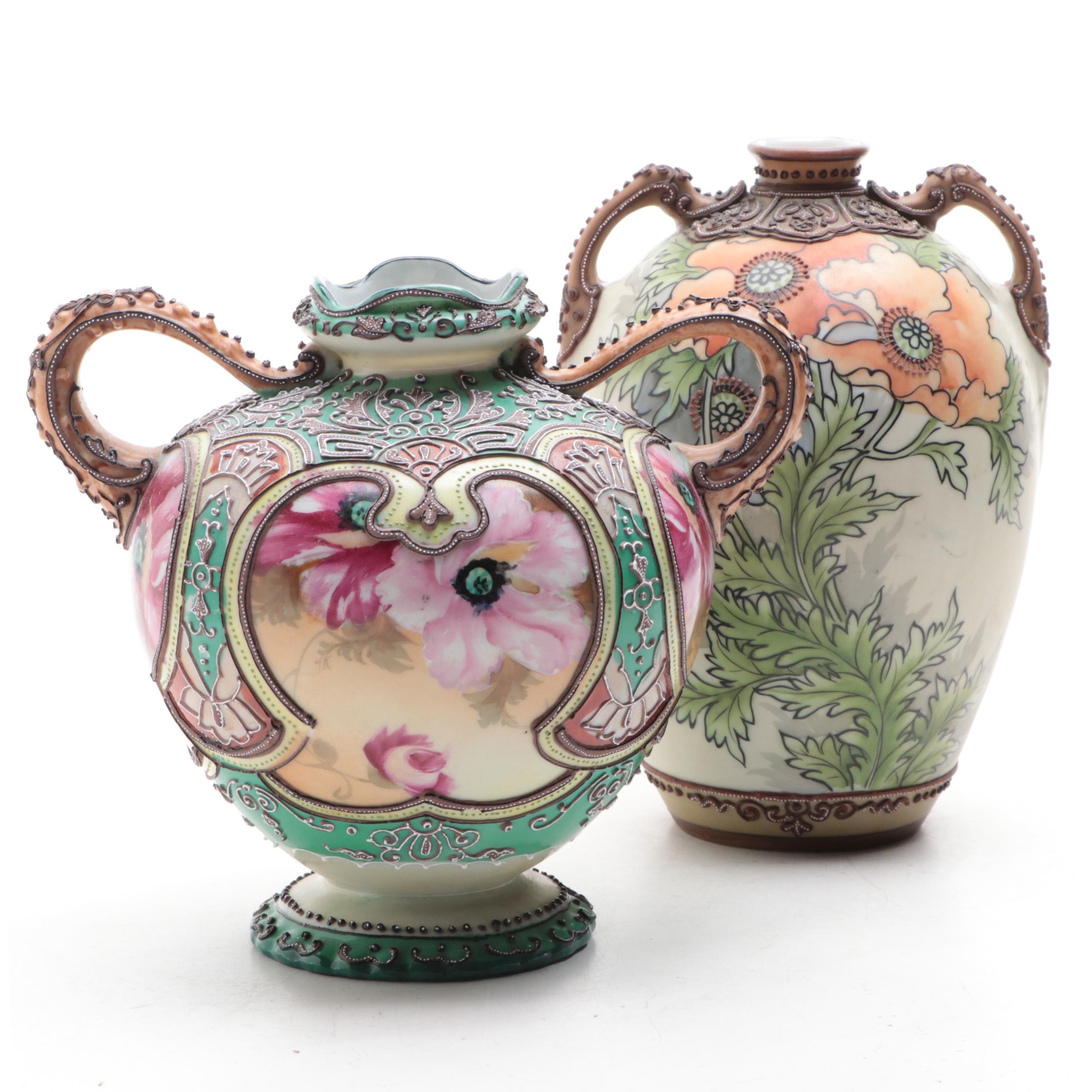 Morimura Brothers Nippon Porcelain Art Nouveau Vases, Early 20th Century