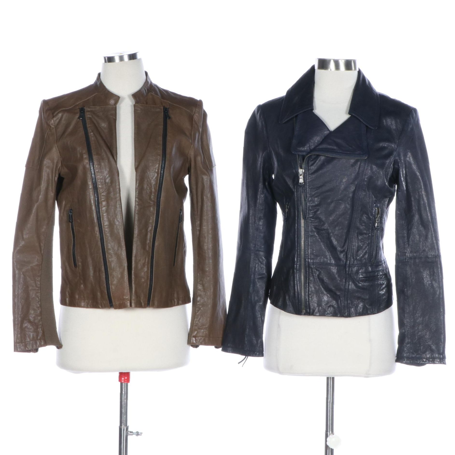 June Olive Leather Zipper-Front Jacket and Navy Leather Moto Jacket