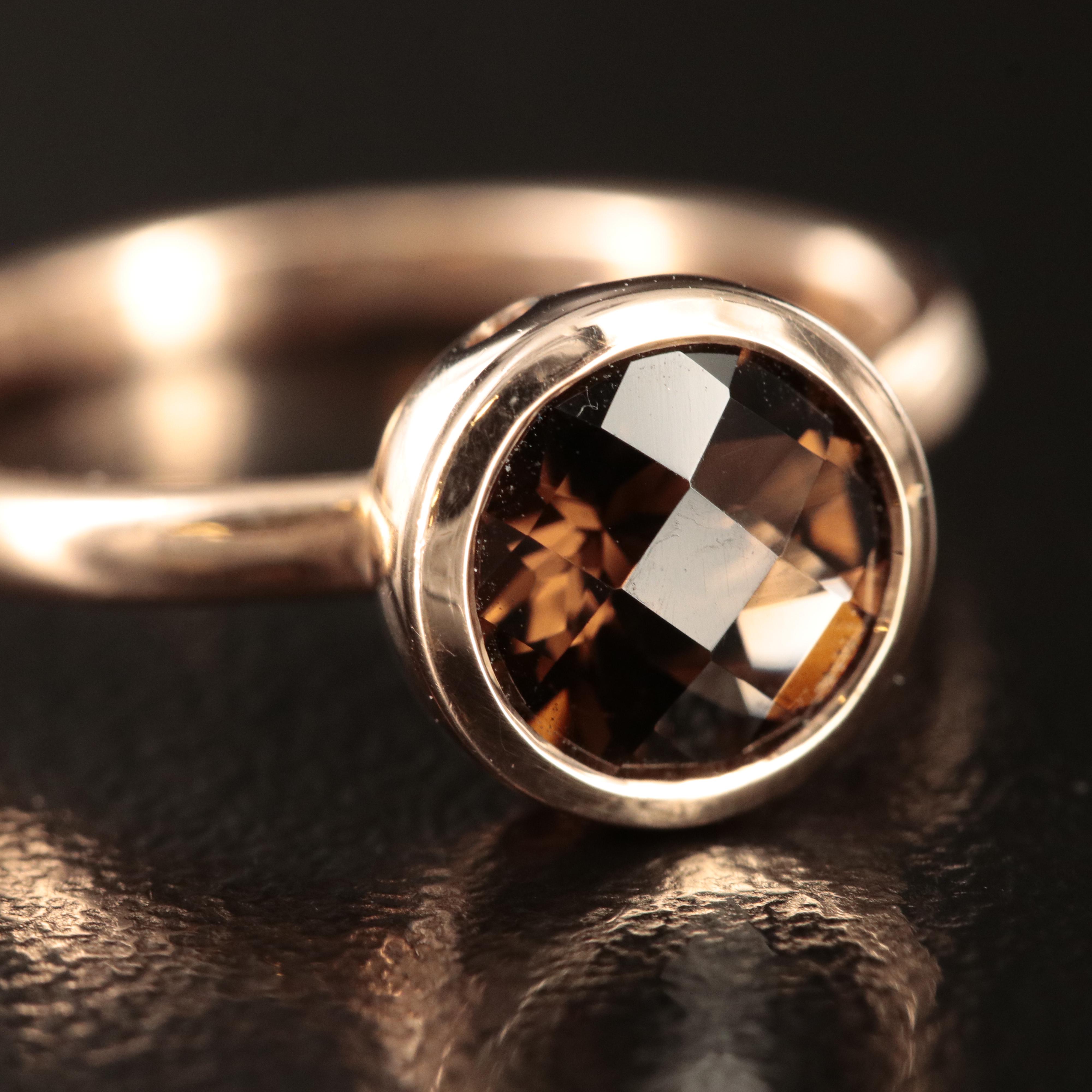 10K Rose Gold Smoky Quartz Bezel Set Solitaire Ring