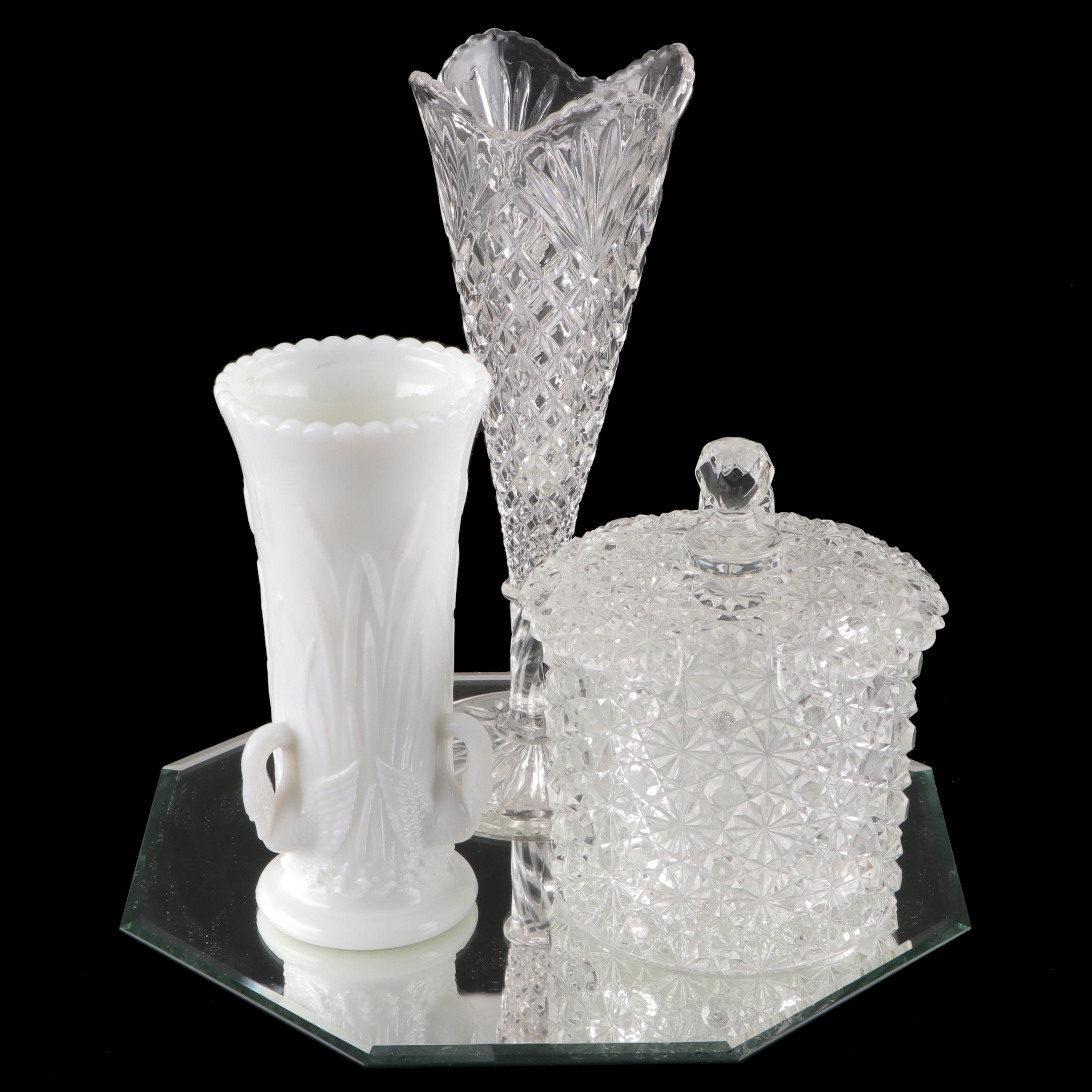 Westmoreland Milk Glass and Other Vase with Fenton Daisy and Button Ice Bucket