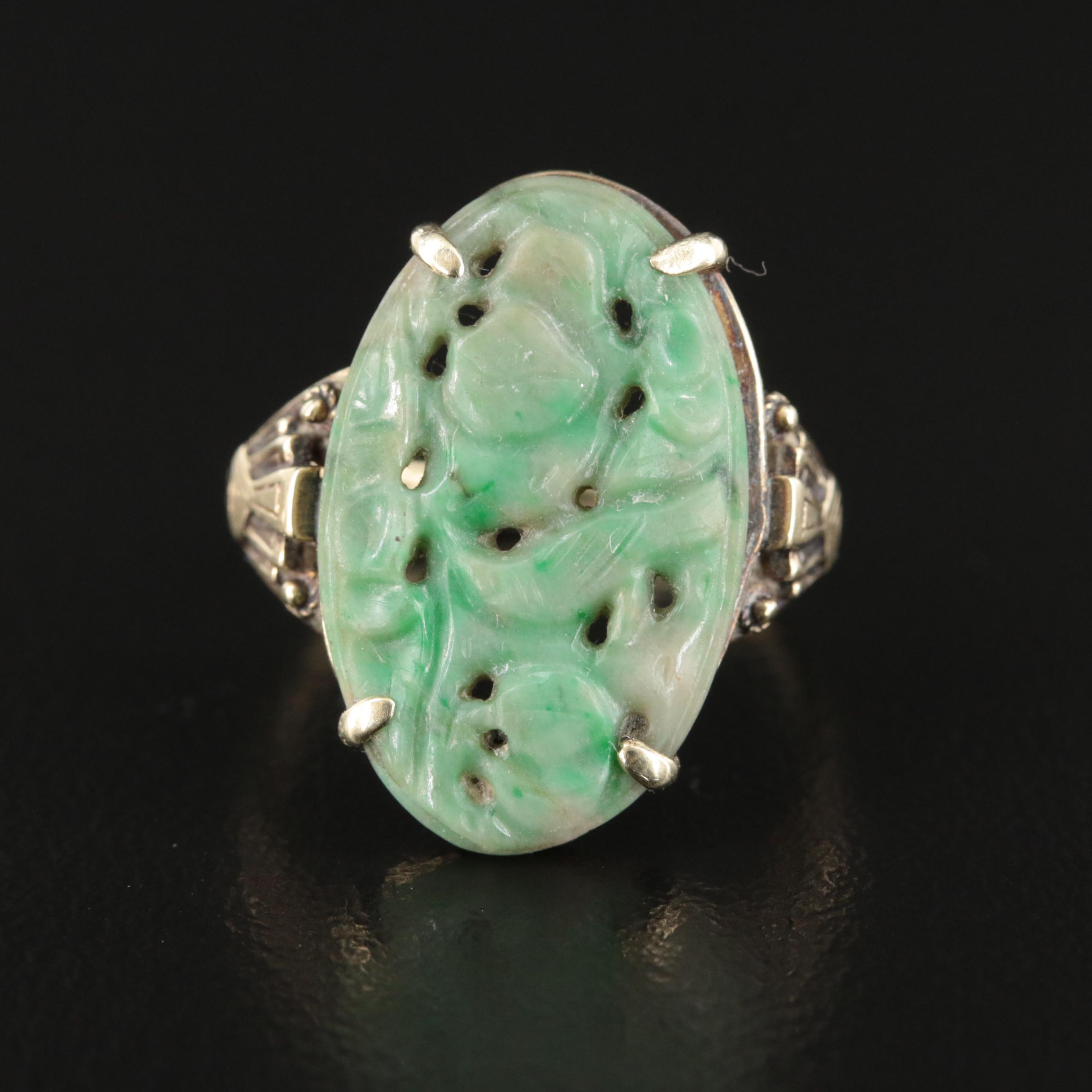 Art Deco 14K Carved Jadeite Ring
