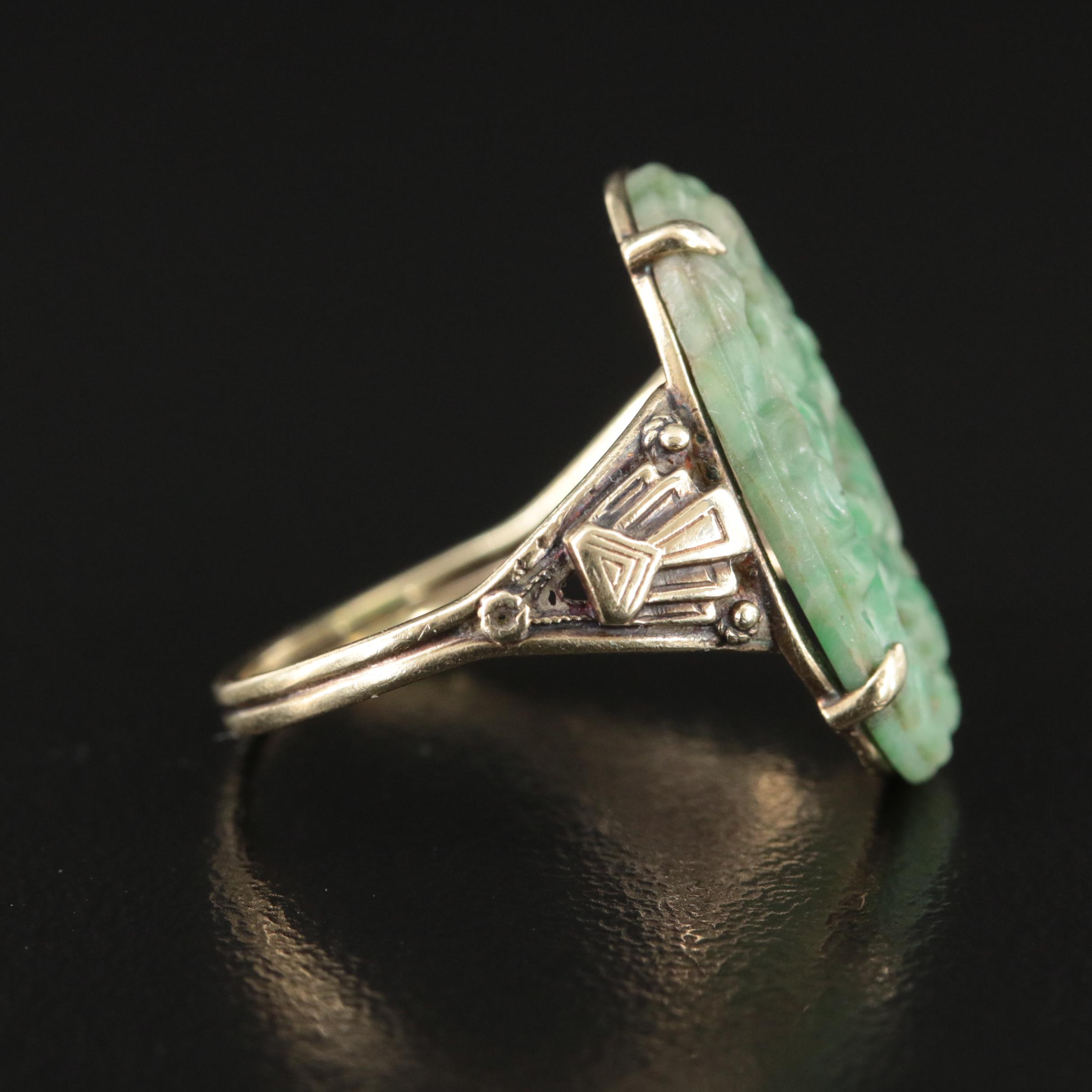 Art Deco 14K Carved Jadeite Ring