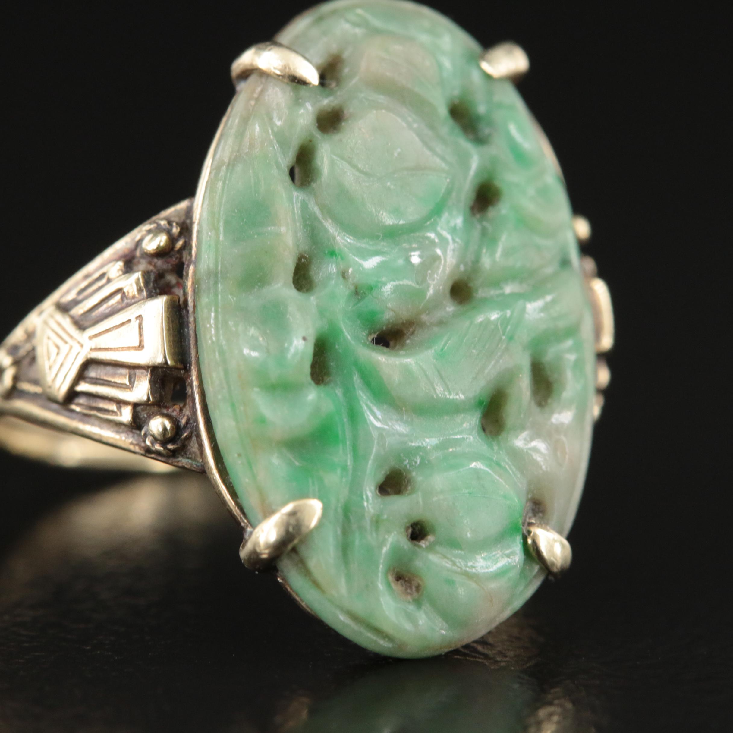 Art Deco 14K Carved Jadeite Ring