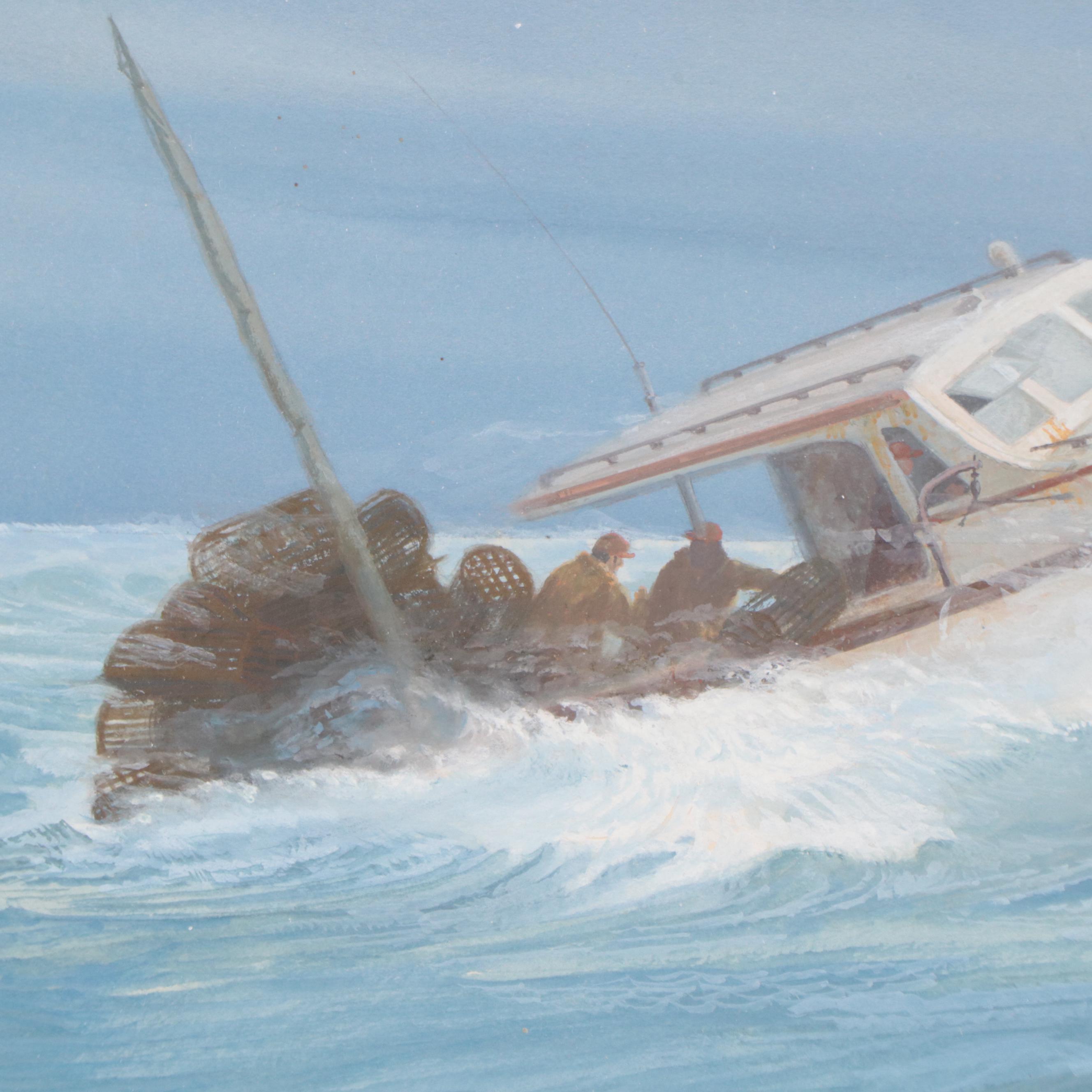 Raul Mina-Mora Seascape Gouache Painting "Lobster Boat," 1978