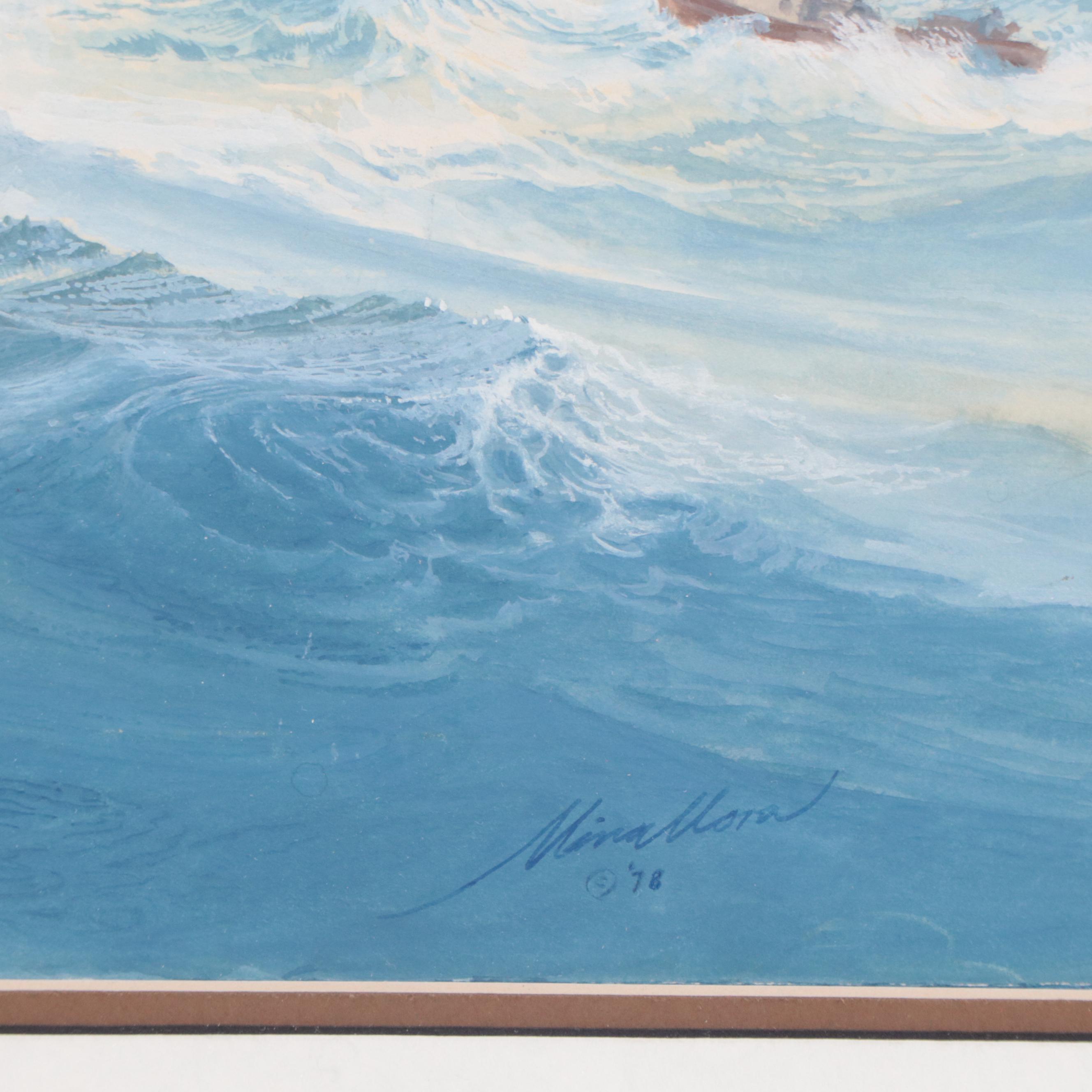 Raul Mina-Mora Seascape Gouache Painting "Lobster Boat," 1978