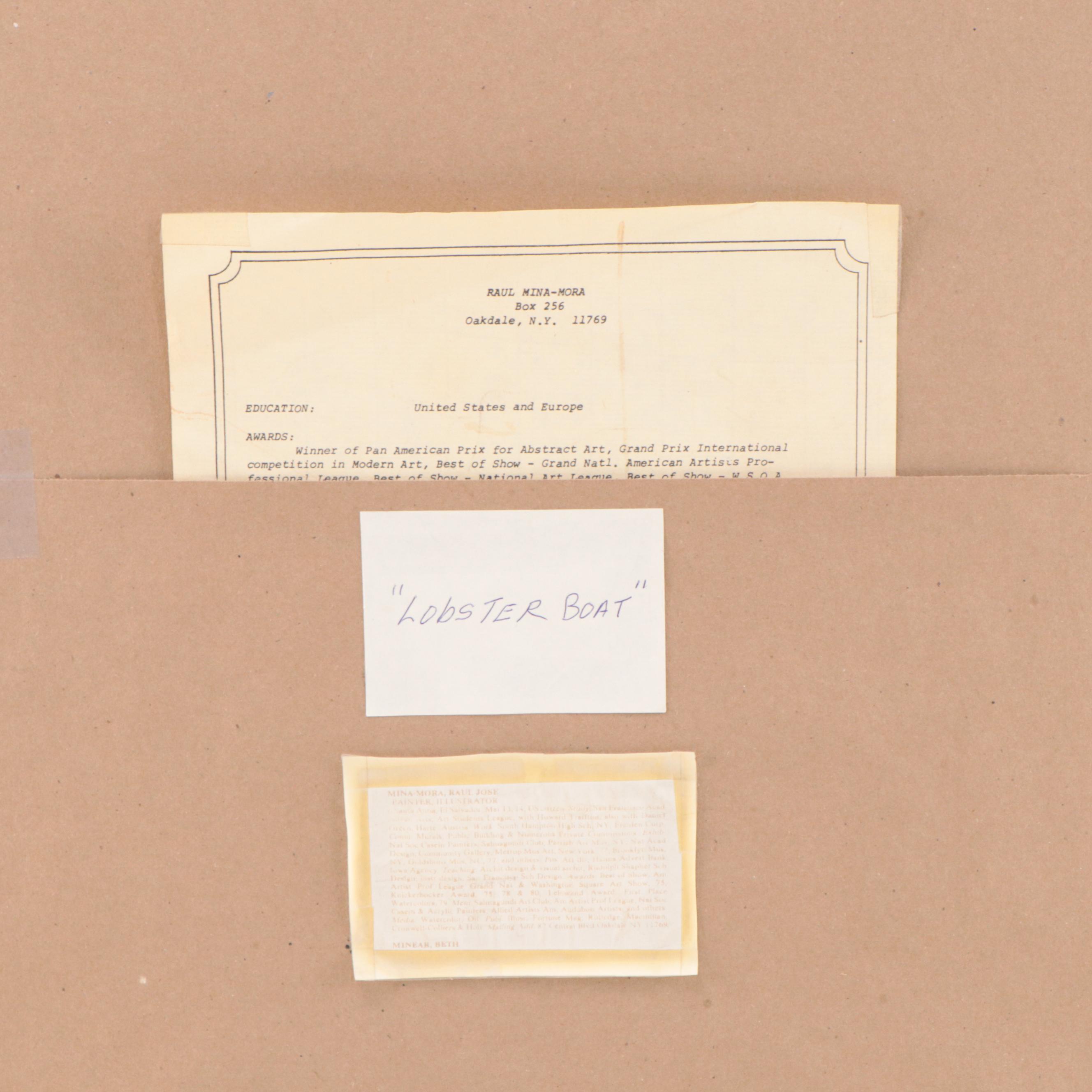 Raul Mina-Mora Seascape Gouache Painting "Lobster Boat," 1978