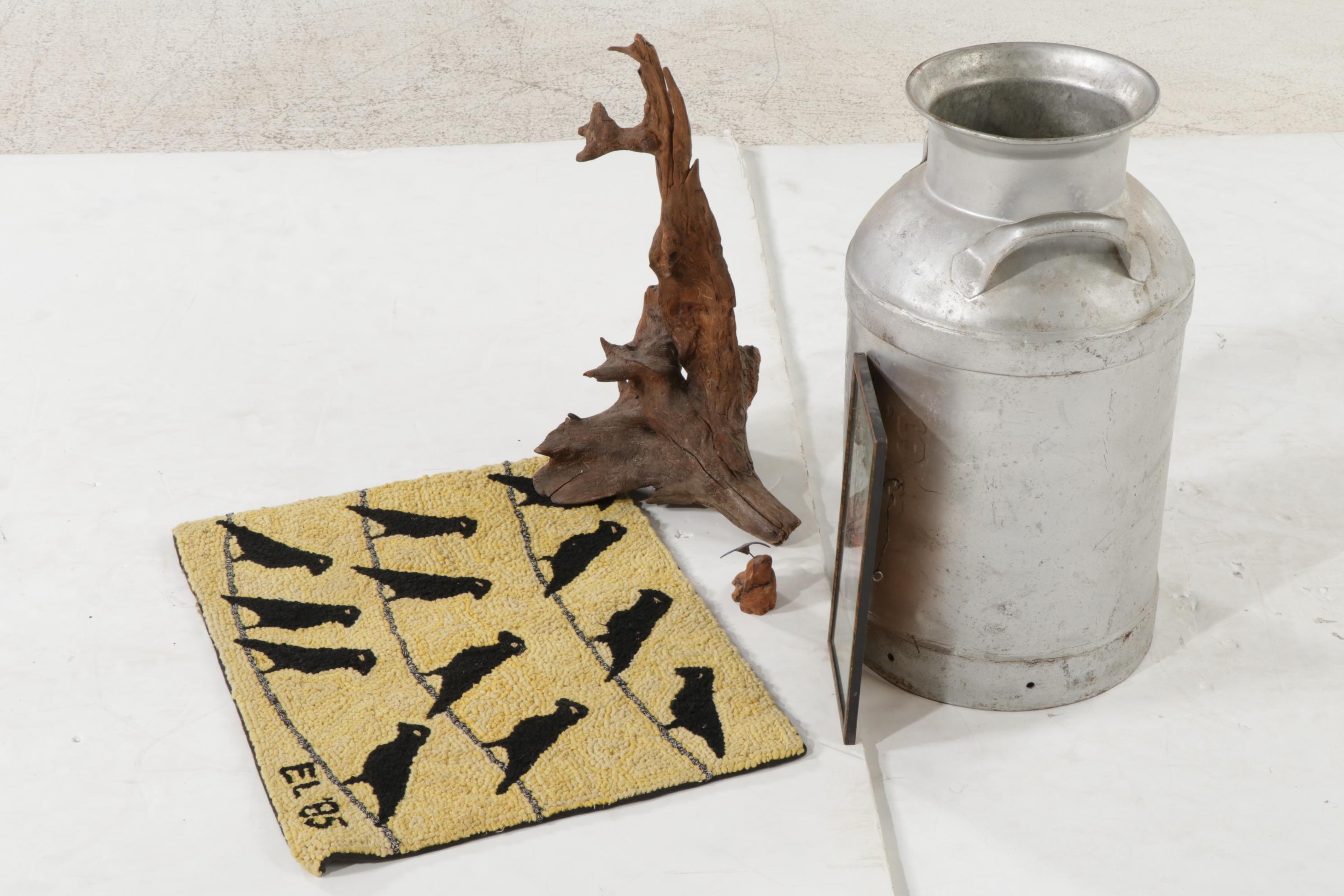 Crow Hooked Accent Rug, Tree Painting, Borden's Milk Can, and More Decor