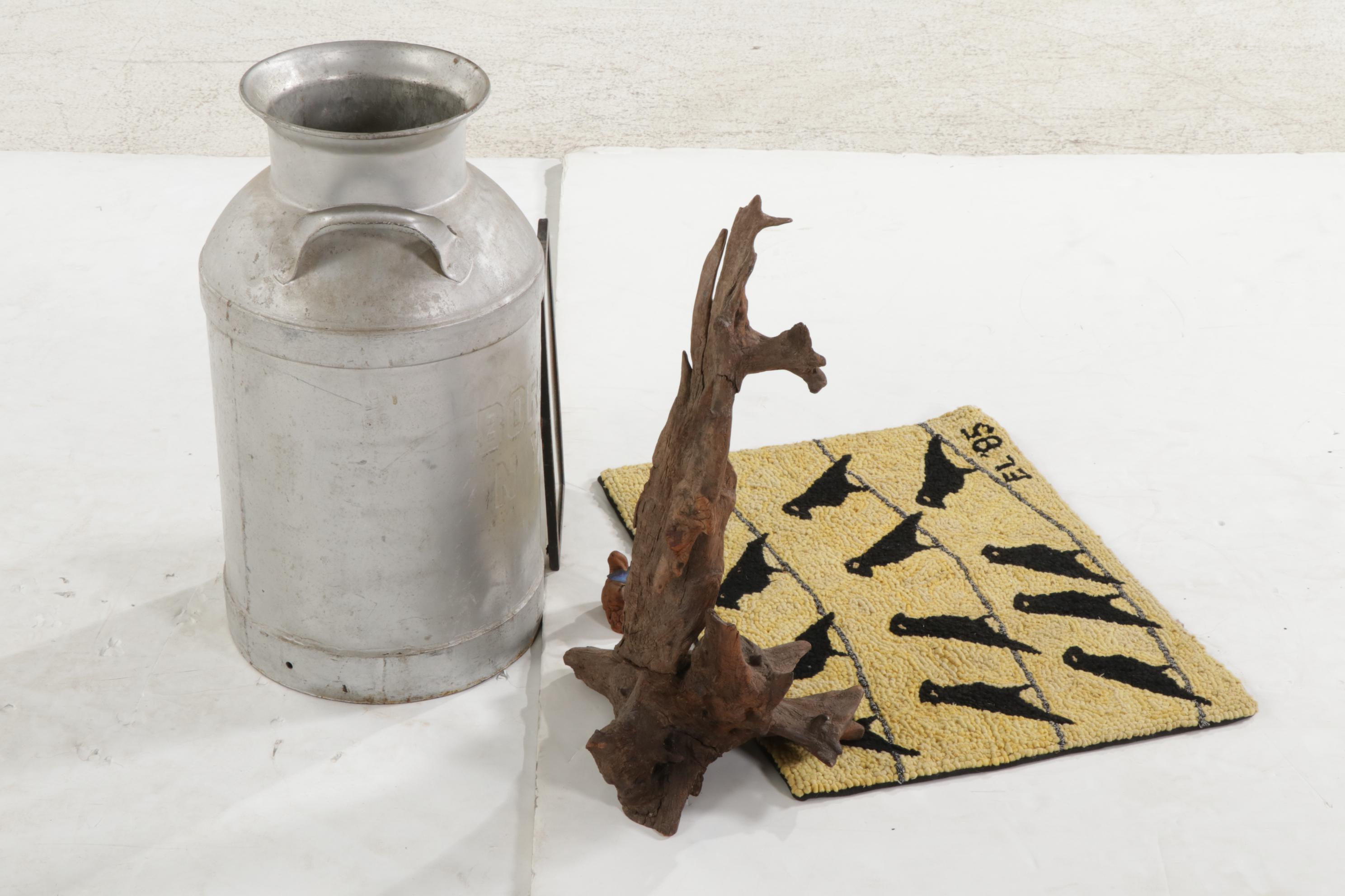 Crow Hooked Accent Rug, Tree Painting, Borden's Milk Can, and More Decor