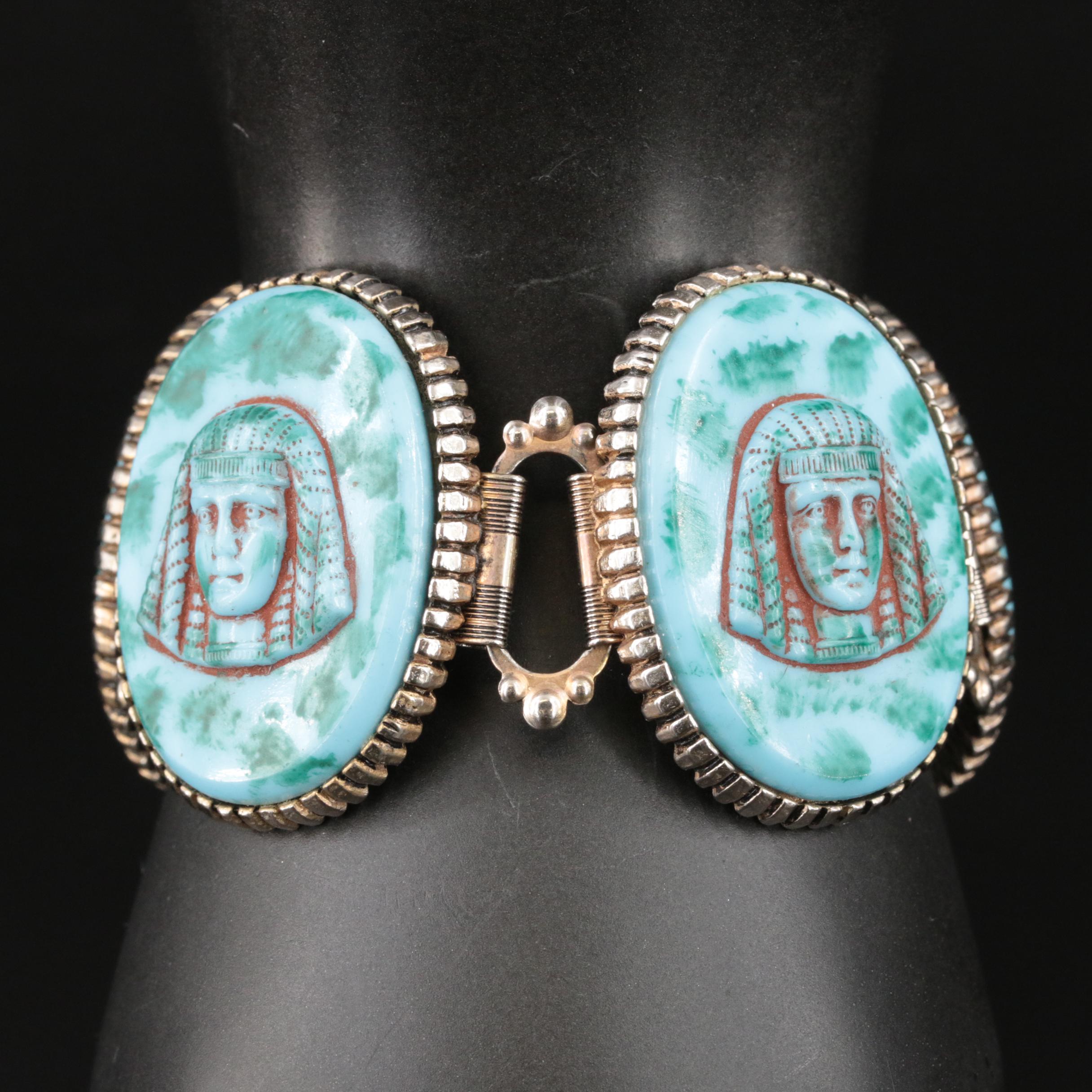 Vintage Egyptian Revival Czech Glass Panel Bracelet-