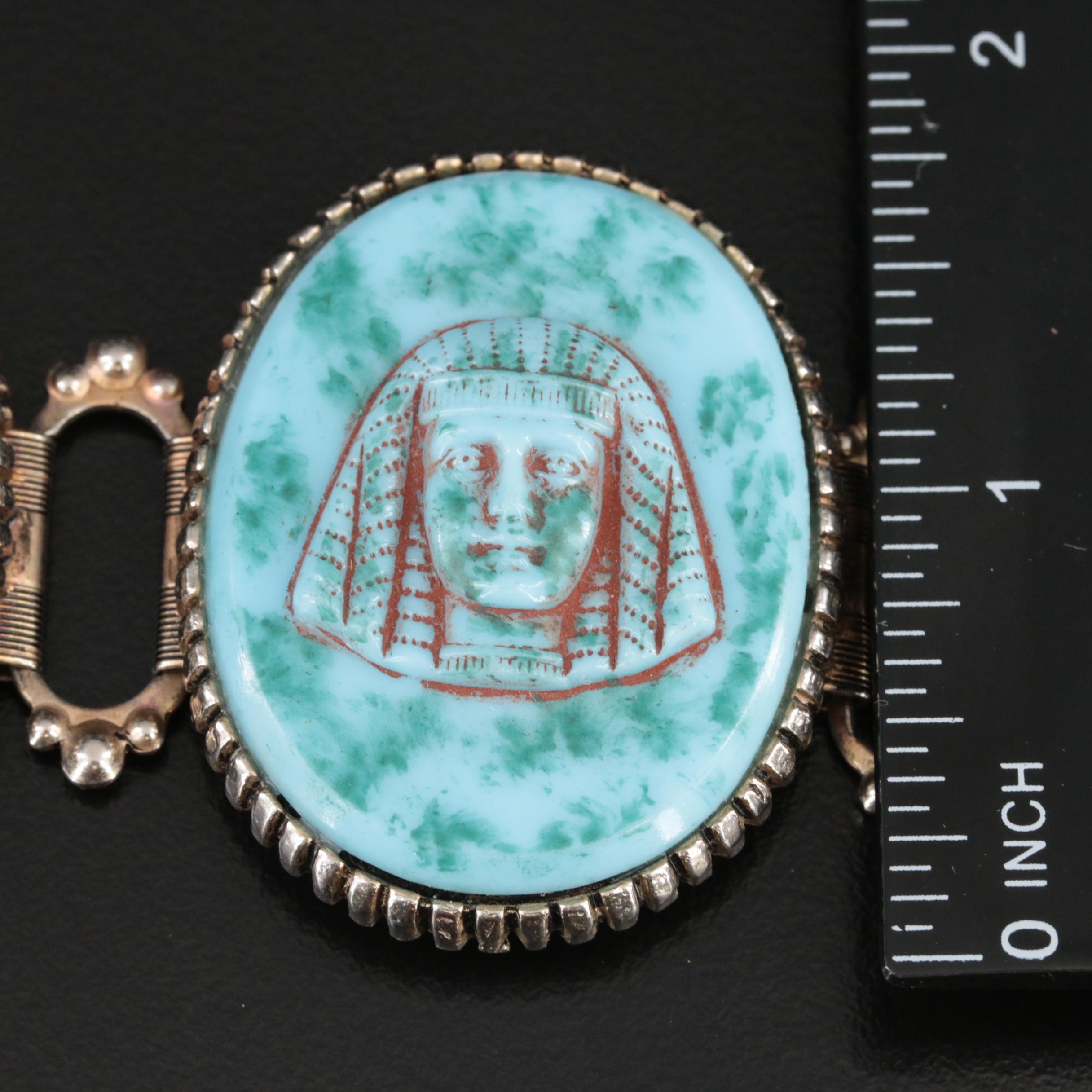 Vintage Egyptian Revival Czech Glass Panel Bracelet-